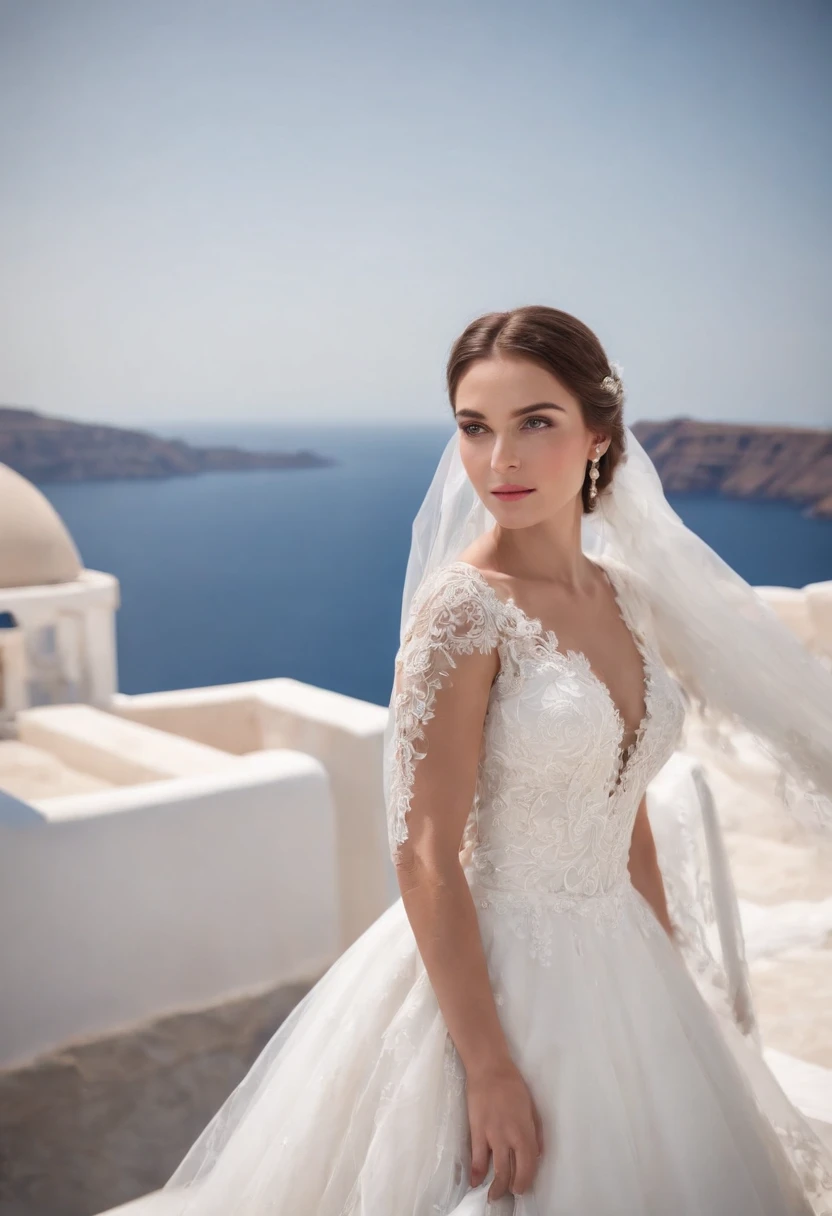 1 beautiful girl, wedding, (photorealism: 1.3) standing shot, Santorini, standing in front of (blue sea), white wedding dress, wedding decoration, masterpiece, diffused soft light, (portrait), Best quality, (Perfect Face: 1.4), hyper-realistic high detail, complex realistic simulation style photo, movie lighting, studio shot, elegant pose, (close-up)