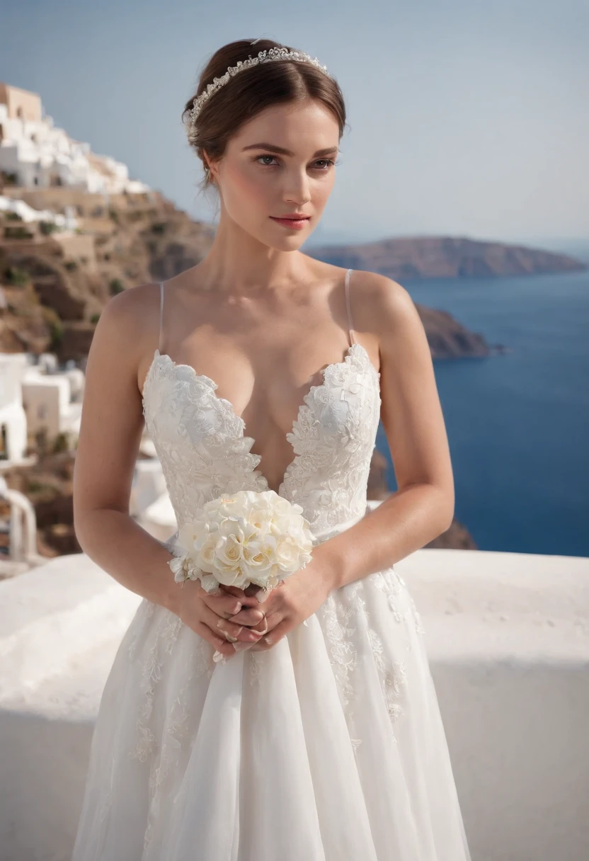 1 beautiful girl, wedding, (photorealism: 1.3) standing shot, Santorini, standing in front of (blue sea), white wedding dress, wedding decoration, masterpiece, diffused soft light, (portrait), Best quality, (Perfect Face: 1.4), hyper-realistic high detail, complex realistic simulation style photo, movie lighting, studio shot, elegant pose, (close-up)