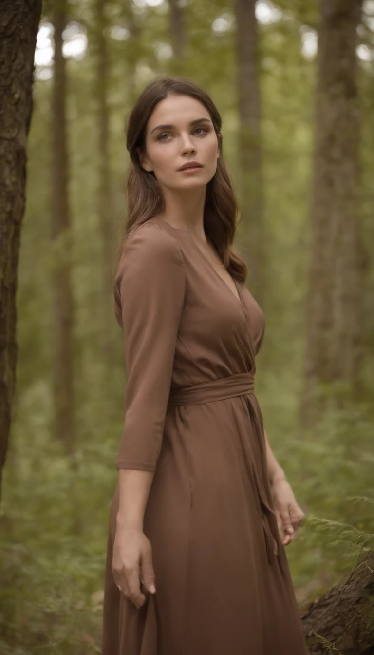 "Una obra maestra extraordinaria, con detalles intrincados, Capturando la esencia del absurdo (+1.2 impulso de creatividad). Una foto fascinante de una chica soltera, Ubicado en las profundidades del bosque oscuro. Ella se para junto a una hoguera crepitante, Dressed in a brown midi wrap dress."