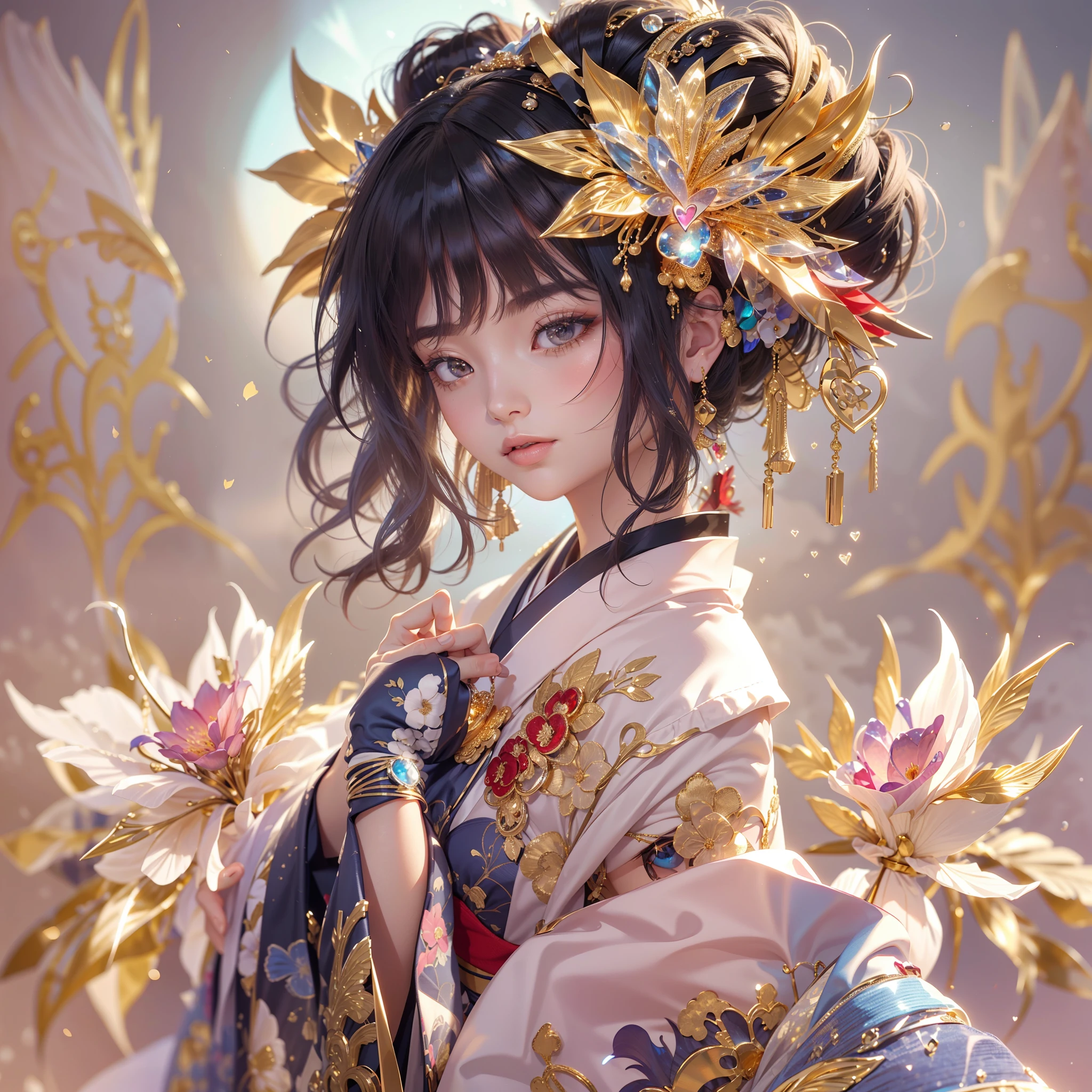 profile,watching at viewers,cluster amaryllis,Gouño on dark background(kyoto、starryskybackground,dense background),perfect hand、Woman with shiny black hair,((3D with three-dimensional effects)),Break Ponytail、elaborate costume{Luxury kimono(Colorful kimono(Detailed golden embroidery,))}、face perfect,Depict a beautiful and graceful woman of Japan。Heart in the eye。 Wallpaper 8K, .Blur the background with a sickle,((masutepiece)), ((Best Quality)),{{Photorealistic}}