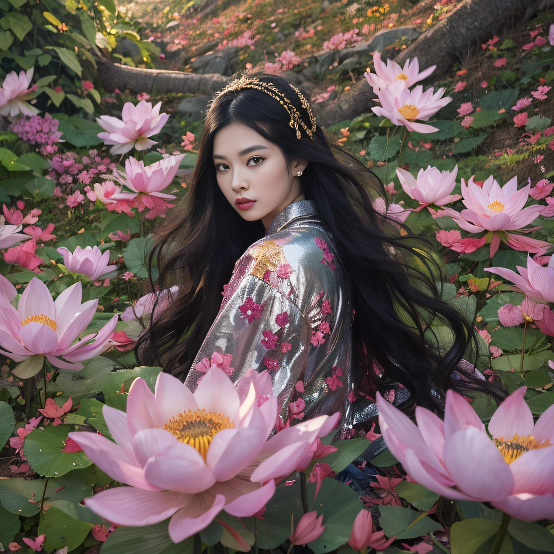 Gold backstop 32K（tmasterpiece，k hd，hyper HD，32K）Long flowing black hair，ponds，zydink， a color， Aozhou people （Concubine girl）， （Purple silk scarf）， Combat posture， looking at the ground， long whitr hair， Floating hair， Carp pattern headdress， Chinese long-sleeved clothing， （Abstract gouache splash：1.2）， Pink petal background，Pink and white lotus flowers fly（realisticlying：1.4），Black color hair，Fallen leaves flutter，The background is pure， A high resolution， the detail， RAW photogr， Sharp Re， Nikon D850 Film Stock Photo by Jefferies Lee 4 Kodak Portra 400 Camera F1.6 shots, Rich colors, ultra-realistic vivid textures, Dramatic lighting, Unreal Engine Art Station Trend, cinestir 800，Long flowing black hair，Denim skirt