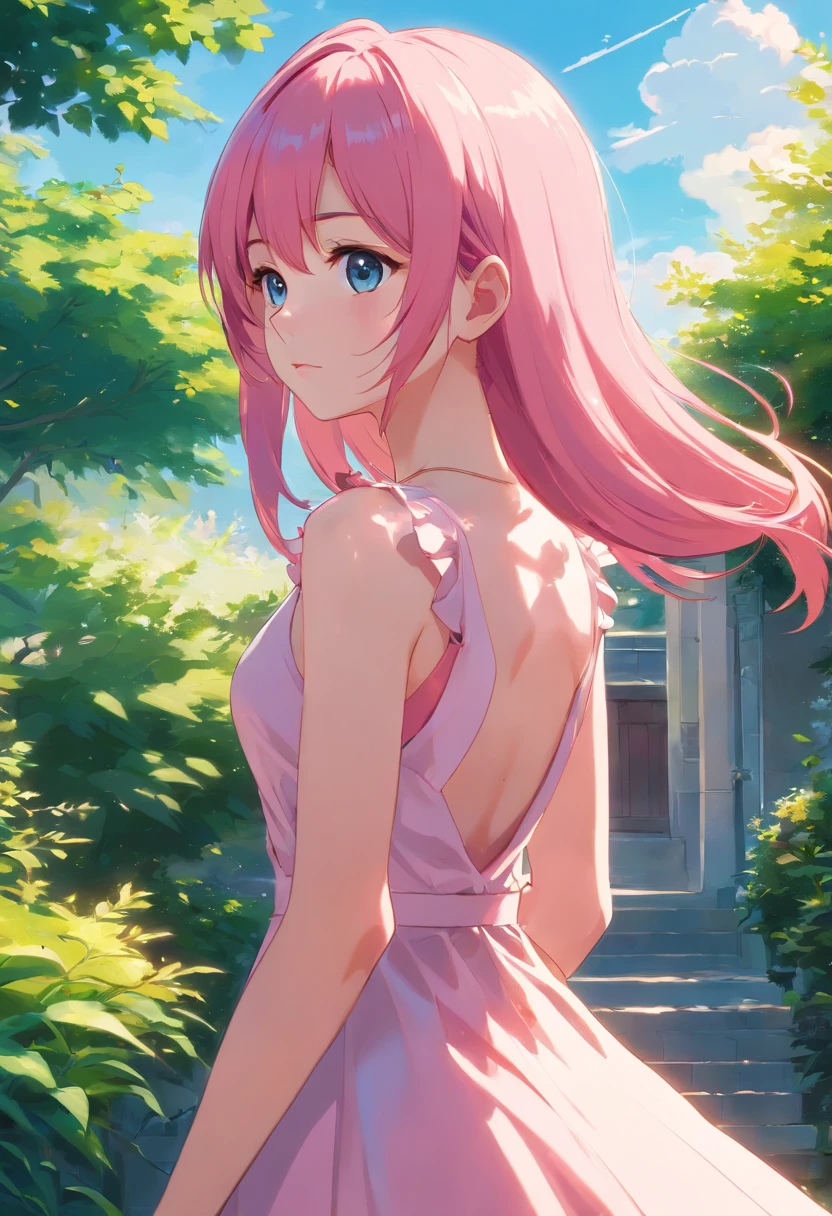 1woman with pink hair and sylk dress, straight hair, glossy hair, beautiful art uhd 4 k, outdoor, garden, beautiful character, beautiful portrait, expressive, beautiful painting,
expressive beautiful portrait, side light, blue sky