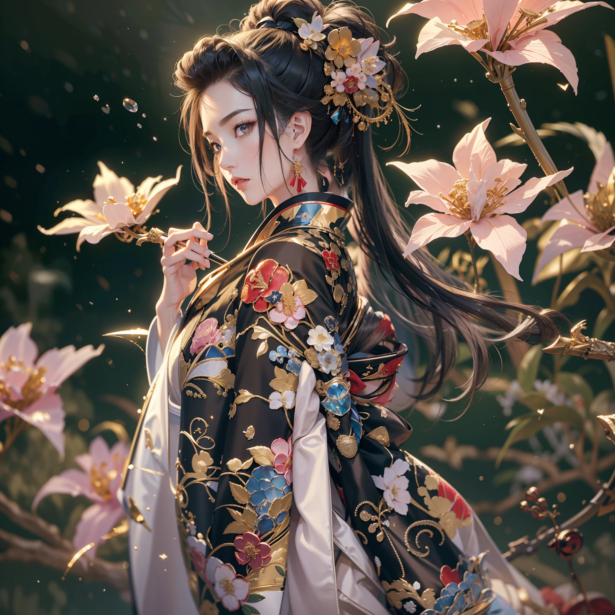 profile,watching at viewers,cluster amaryllis,Gouño on dark background(kyoto、starryskybackground,dense background),perfect hand、Woman with shiny black hair,((3D with three-dimensional effects)),Break Ponytail、elaborate costume{Luxury kimono(Colorful kimono(Detailed golden embroidery,))}、face perfect,Depict a beautiful and graceful woman of Japan。Heart in the eye。 Wallpaper 8K, .Blur the background with a sickle,((masutepiece)), ((Best Quality)),{{Photorealistic}}
