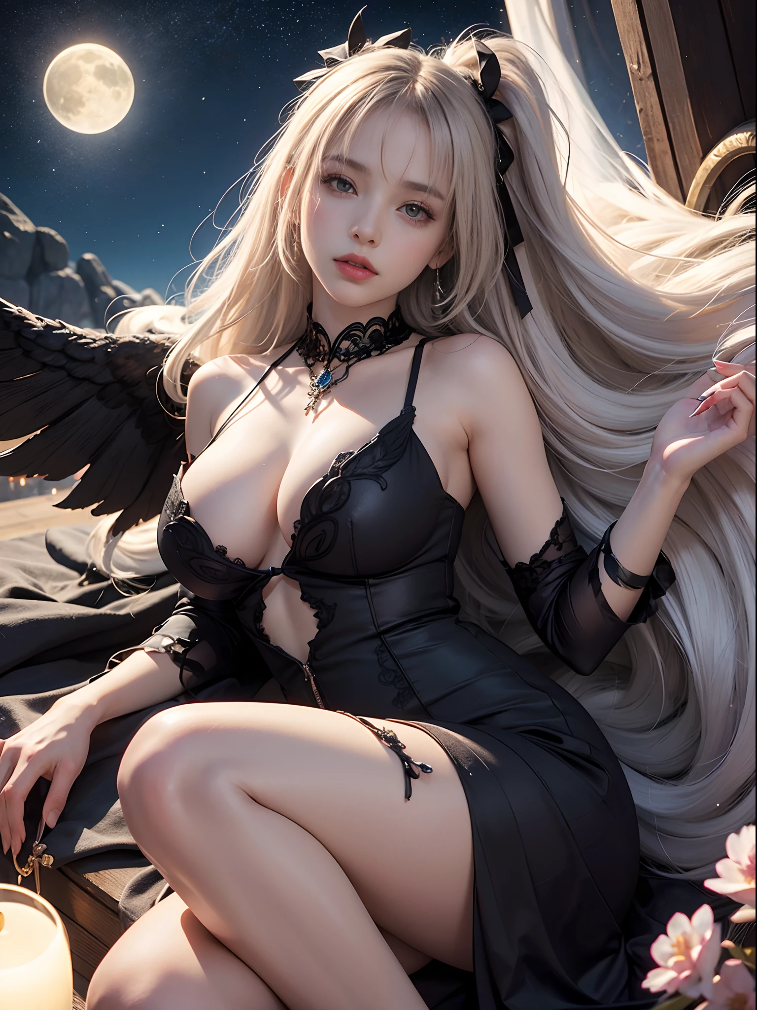 Unbeatable masterpiece, Ultra photo realsisim , Perfect artwork , Intricate details , Best quality , Strong light , High contrast , Dynamic pose , Dutch angle , ((Depth of field)) , 1 girl , Black dress , dress , Light_Particle , Long hair , view the viewer , Night , Night sky , Red ribbon , ribbon , Solo , space , Star_((sky ) , Starry_Sky starry sky_sky_print , Intricate and delicate patterns , double tails , Very_Long hair , Yellow _Eyes , Huge_Breasts , Blush , bangs , (intricate jewelry) , Bare shoulders , Hair_ribbon ,White_Hair , breasts , Lying , parted lip , Wings , Sleeveless , On_back , Bare _Arms , petals , black_ribbon , Detached collar , Sleeveless dress , demon_Wings