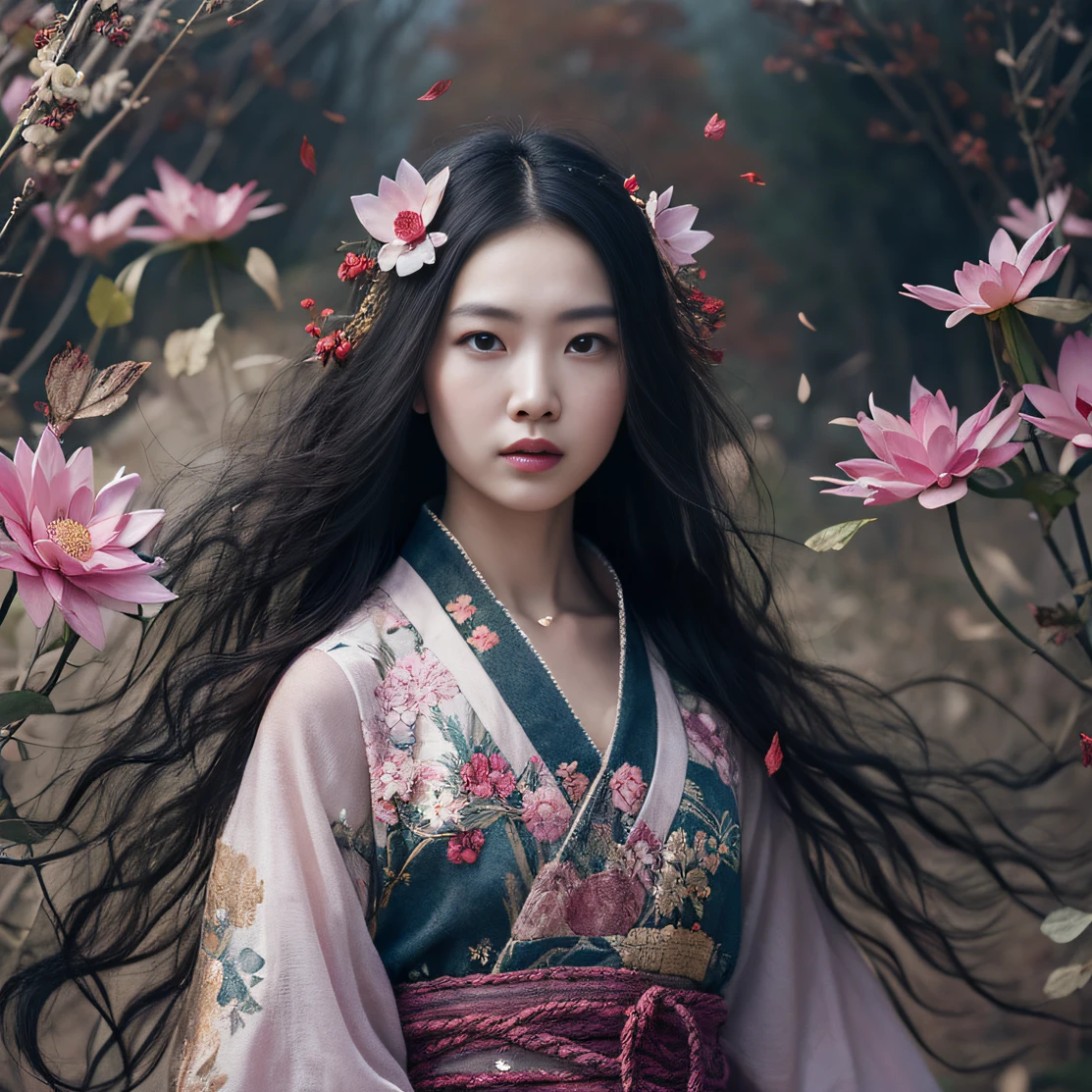 Gold backstop 32K(tmasterpiece,k hd,hyper HD,32K)Long flowing black hair,ponds,zydink, a color, Aozhou people (Concubine girl), (Purple silk scarf), Combat posture, looking at the ground, long whitr hair, Floating hair, Carp pattern headdress, Chinese long-sleeved clothing, (Abstract gouache splash:1.2), Pink petal background,Pink and white lotus flowers fly(realisticlying:1.4),Black color hair,Fallen leaves flutter,The background is pure, A high resolution, the detail, RAW photogr, Sharp Re, Nikon D850 Film Stock Photo by Jefferies Lee 4 Kodak Portra 400 Camera F1.6 shots, Rich colors, ultra-realistic vivid textures, Dramatic lighting, Unreal Engine Art Station Trend, cinestir 800,Long flowing black hair,Denim skirt