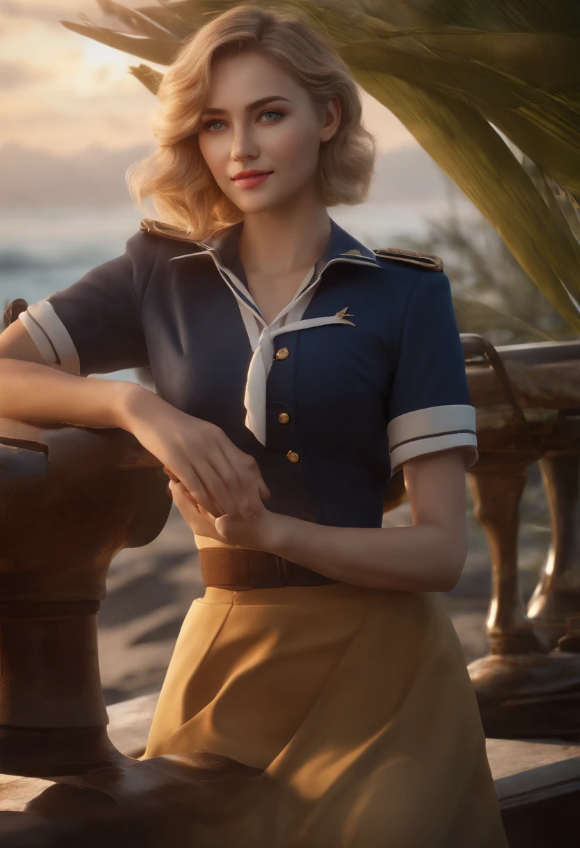 {{Masterpiece, Best quality, Extremely detailed CG, Unity 8k wallpaper, Cinematic lighting, }}, Sony α7, Wide frame, south pacific, In the war with the Asian powers, The wind blows on the Aegis ship, 1 girl, full bodyesbian, Smile, She is a sailor in the United States Navy, Caucasians, 20 years old, Smile, Blonde hair, a short bob, Blue eyes , Long eyelashes ,