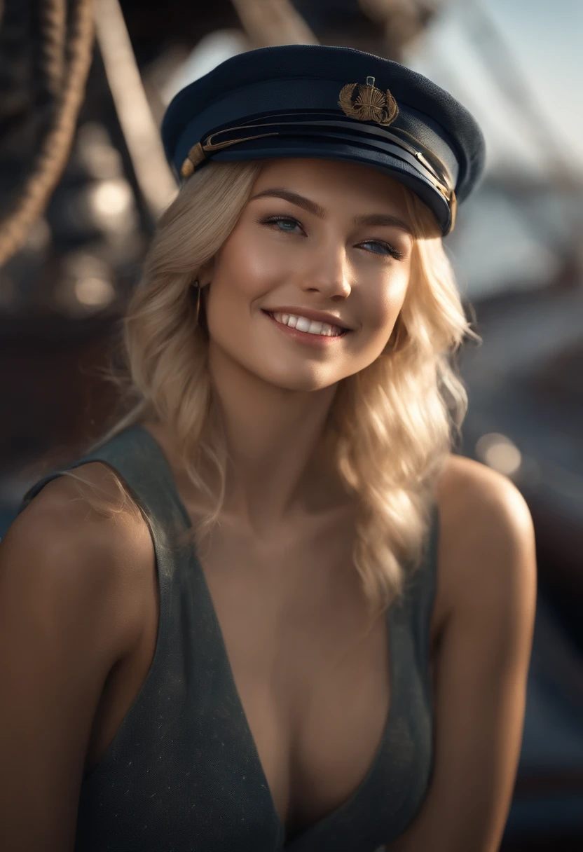 {{Masterpiece, Best quality, Extremely detailed CG, Unity 8k wallpaper, Cinematic lighting, }}, Sony α7, Wide frame, south pacific, In the war with the Asian powers, The wind blows on the Aegis ship, 1 girl, full bodyesbian, Smile, She is a sailor in the United States Navy, Caucasians, 20 years old, Smile, Blonde hair, a short bob, Blue eyes , Long eyelashes ,