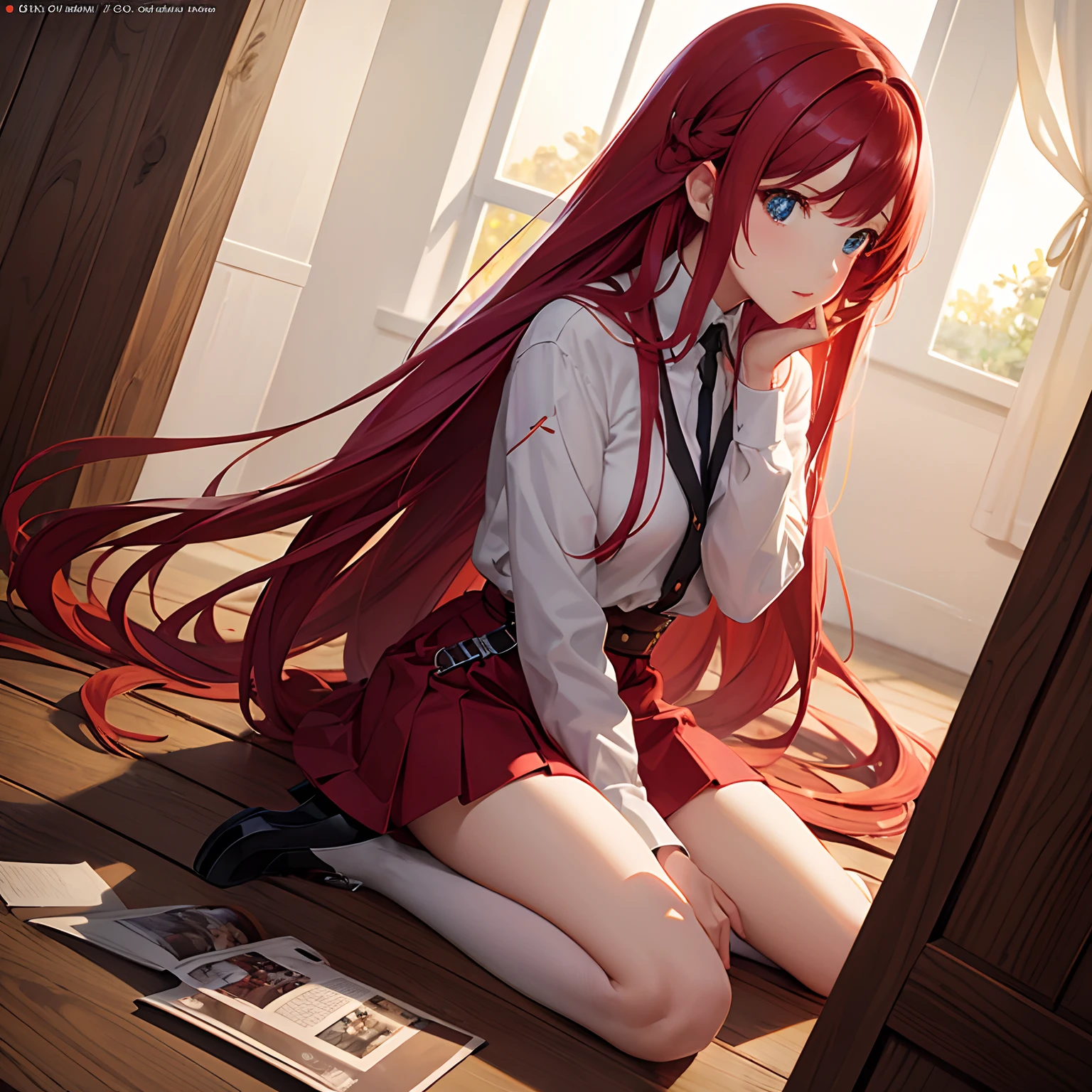 a girl sitting on the floor with long red hair,remodernism, official art, anime, booru, ultra detailed, 70mm lens