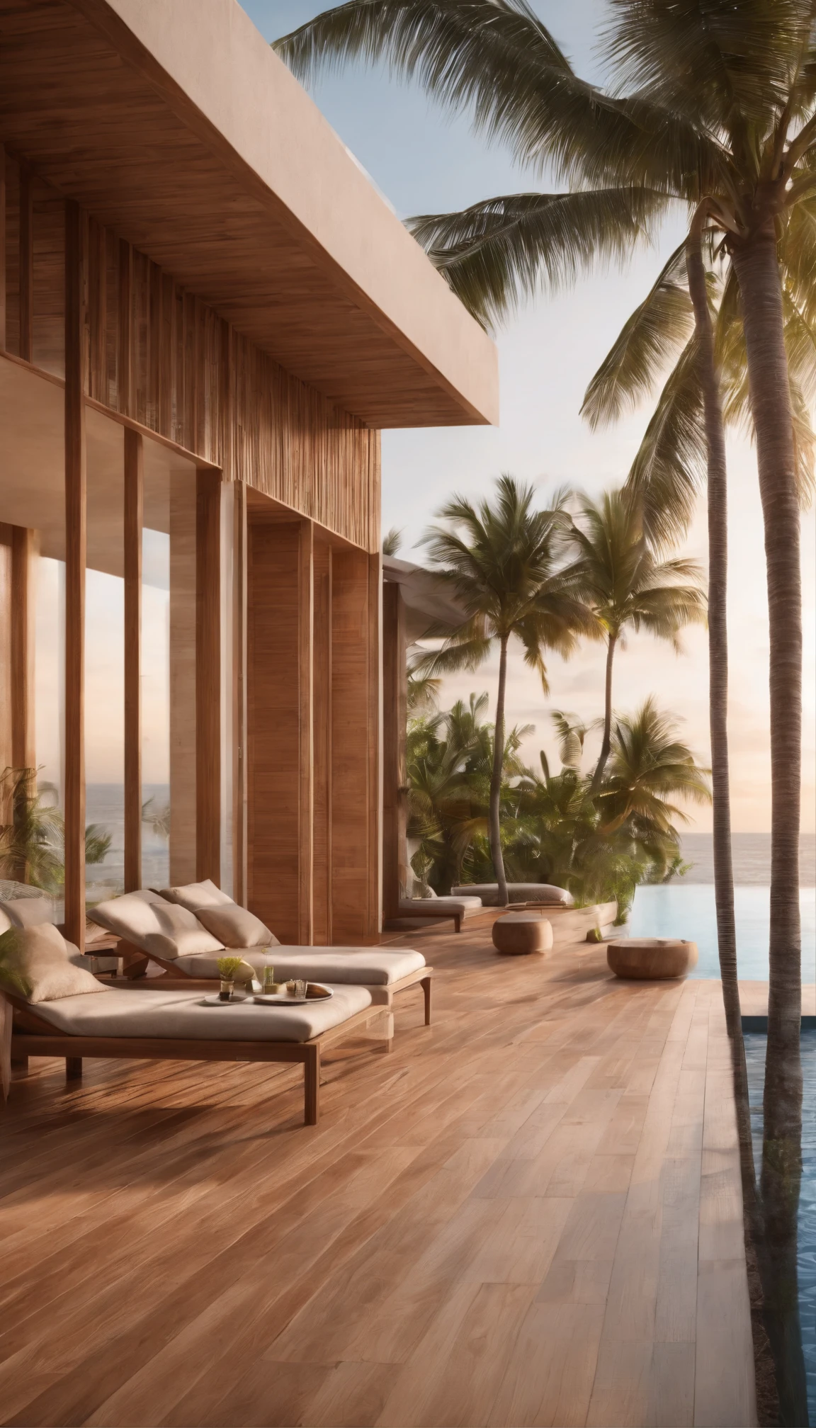 Beach development, Ground floor bungalow style, Minimalist, Detail of wooden slats, Facades with windows and small balconies, swimmingpool, Coconut trees, Sunset lighting, photorealistic image, cinematic ligh