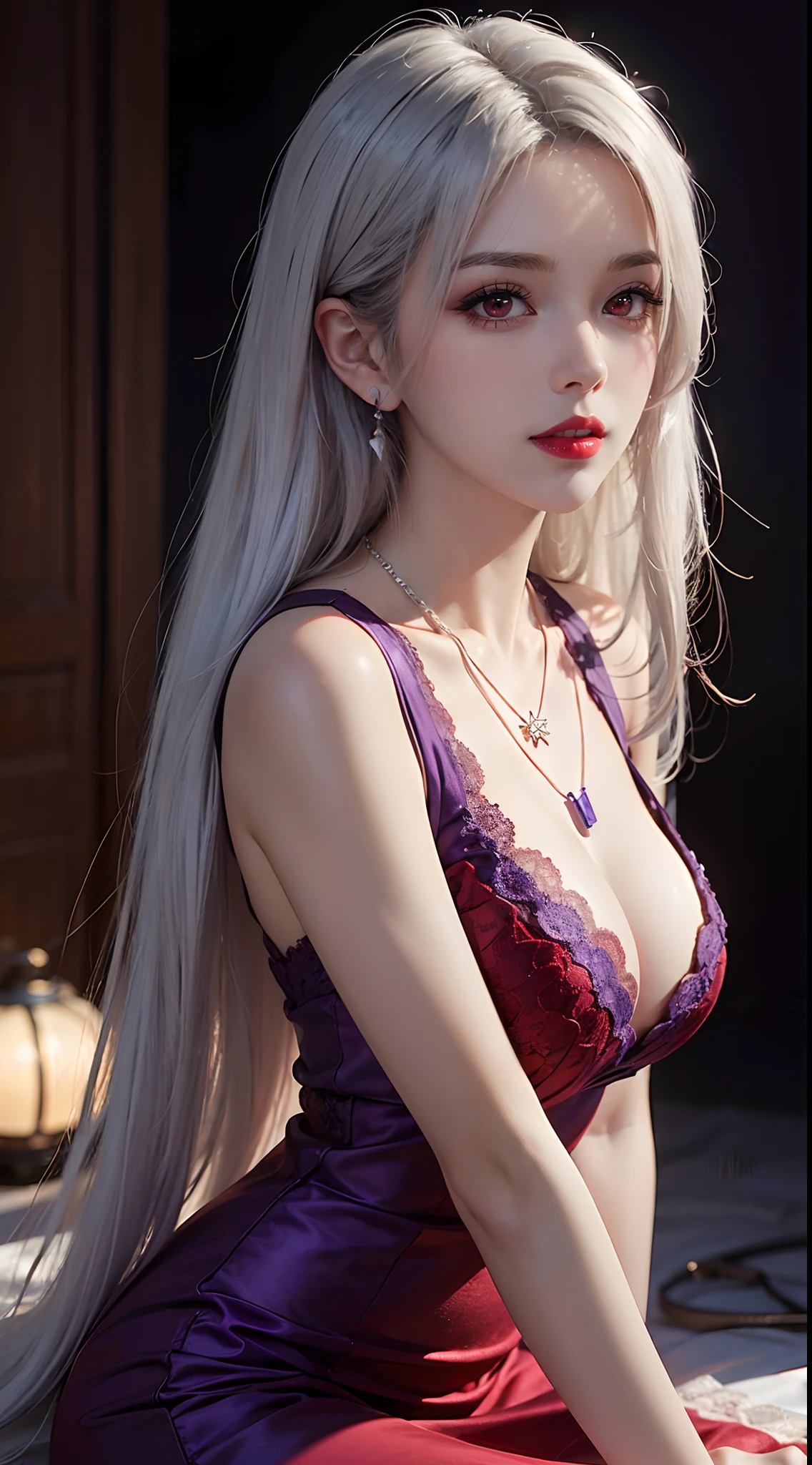 A beautiful and sexy 20 year old girl, ((wearing a super thin red dress:1.4)), a diamond dress, ((long platinum hair:1.6)), bangs, bridge jewelry period made from gems and beautiful hair, ((wearing a purple lace necklace:1.6))), the girl's noble, noble style is extremely beautiful, her small face is super cute, her face is very pretty pretty, thin eyebrows, beautiful face without flaws, ((student black eyes: 0.8)), very beautiful eyes, ((light red eyes: 1.5)), nice makeup and little eyelashes details, wet eye makeup, high nose, earrings, red lips, ((closed mouth: 1;5 )) beautiful lips, slim hands, most beautiful thighs, ((arms spread out to the sides: 1.5)), rosy face, clean face, flawless beautiful face, smooth white skin, (big breasts: 1.5)), ((high breasts: 1.6) ), plump breasts, beautiful cleavage, ((big and super breasts round: 1.8))), ((super tight breasts: 1.5)) , beautiful breasts, back arms, beautiful girl's upper body, chest out, 8k photo, super high quality, super realistic, 10x super pixel, optical, dark studio, light edges, two-tone lighting, (high-detail skin:1.2), super 8k, soft lighting, high quality, volumetric lighting, realistic, Photo, high resolution, lighting bright, best photo, 4k, 8k quality, blur effect, Smooth sharp, 10 x pixels, (galaxy: 1.7), aurora, lightning, surreal graphics, most realistic graphics, one me, solo, Extremely sharp, surreal image, ( ((frontal portrait: 1.3)))."
