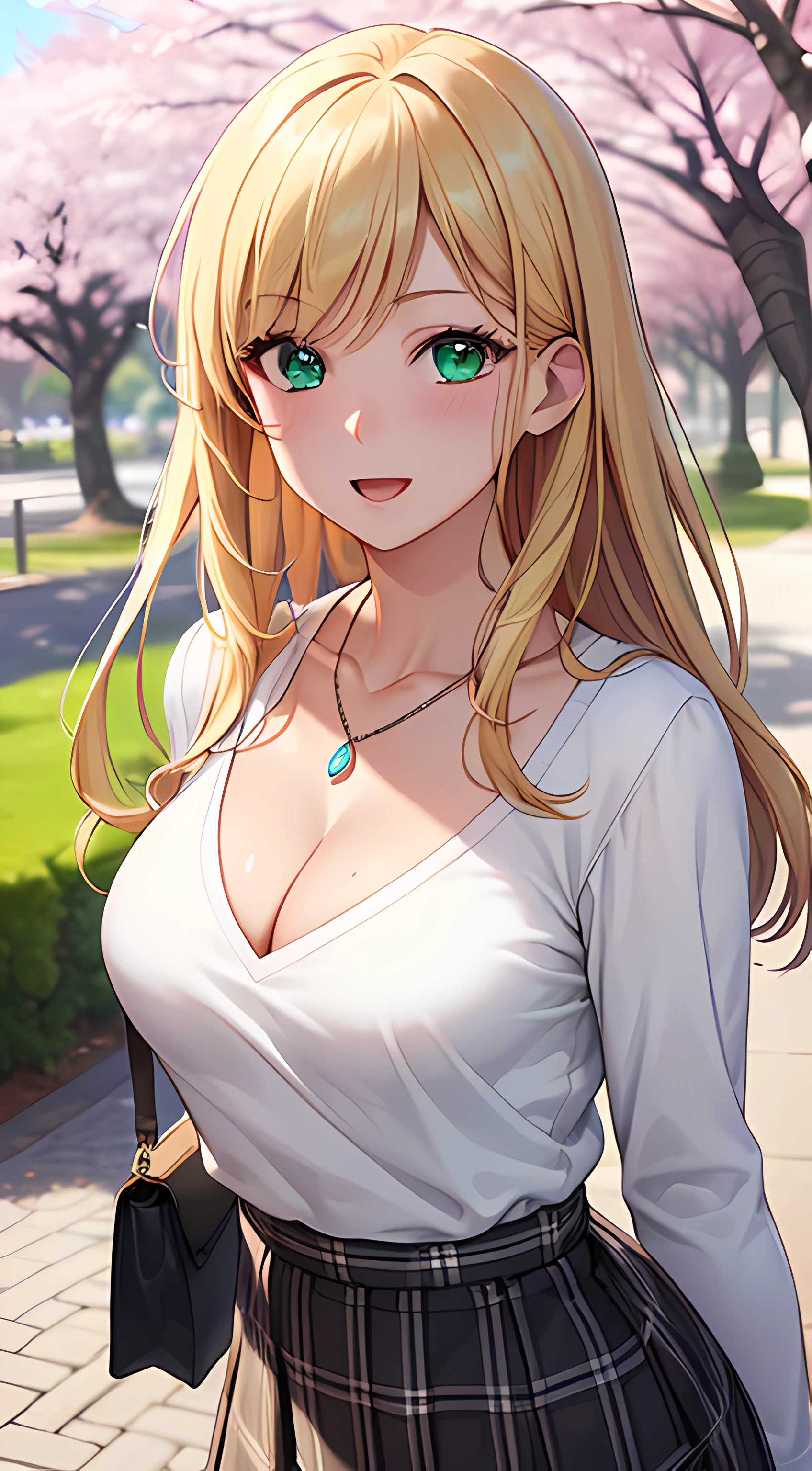 ((masterpiece, best quality, highres, UHD, perfect pixel, depth of field, 4k, RTX, HDR))), 1girl, single, solo, beautiful anime girl, beautiful artstyle, anime character, ((long hair, bangs, blonde hair)), ((green eyes:1.4, rounded eyes, beautiful eyelashes, realistic eyes)), ((detailed face, blushing:1.2)), ((smooth texture:0.75, realistic texture:0.65, photorealistic:1.1, anime CG style)), ((medium breasts, cleavage:0.9, busty)), dynamic angle, perfect body, ((POV, dynamic pose, portrait)), ((white sweater, long sleeve, black skirt, plaid skirt, fashionable, 1handbag, 1diamond necklace)), smile, open mouth, amusement park, ((cherry blossom tree, cherry blossoms fall))