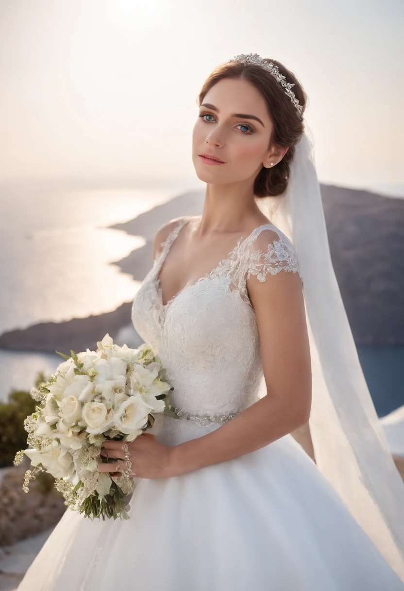 1 beautiful girl, wedding, (photorealism: 1.3) standing shot, Santorini, standing in front of (blue sea), white wedding dress, wedding decoration, masterpiece, diffused soft light, (portrait), Best quality, (Perfect Face: 1.4), hyper-realistic high detail, complex realistic simulation style photo, movie lighting, studio shot, elegant pose, (close-up)