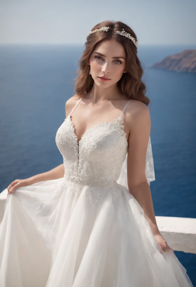 1 beautiful girl, wedding, (photorealism: 1.3) standing shot, Santorini, standing in front of (blue sea), white wedding dress, wedding decoration, masterpiece, diffused soft light, (portrait), Best quality, (Perfect Face: 1.4), hyper-realistic high detail, complex realistic simulation style photo, movie lighting, studio shot, elegant pose, (close-up)