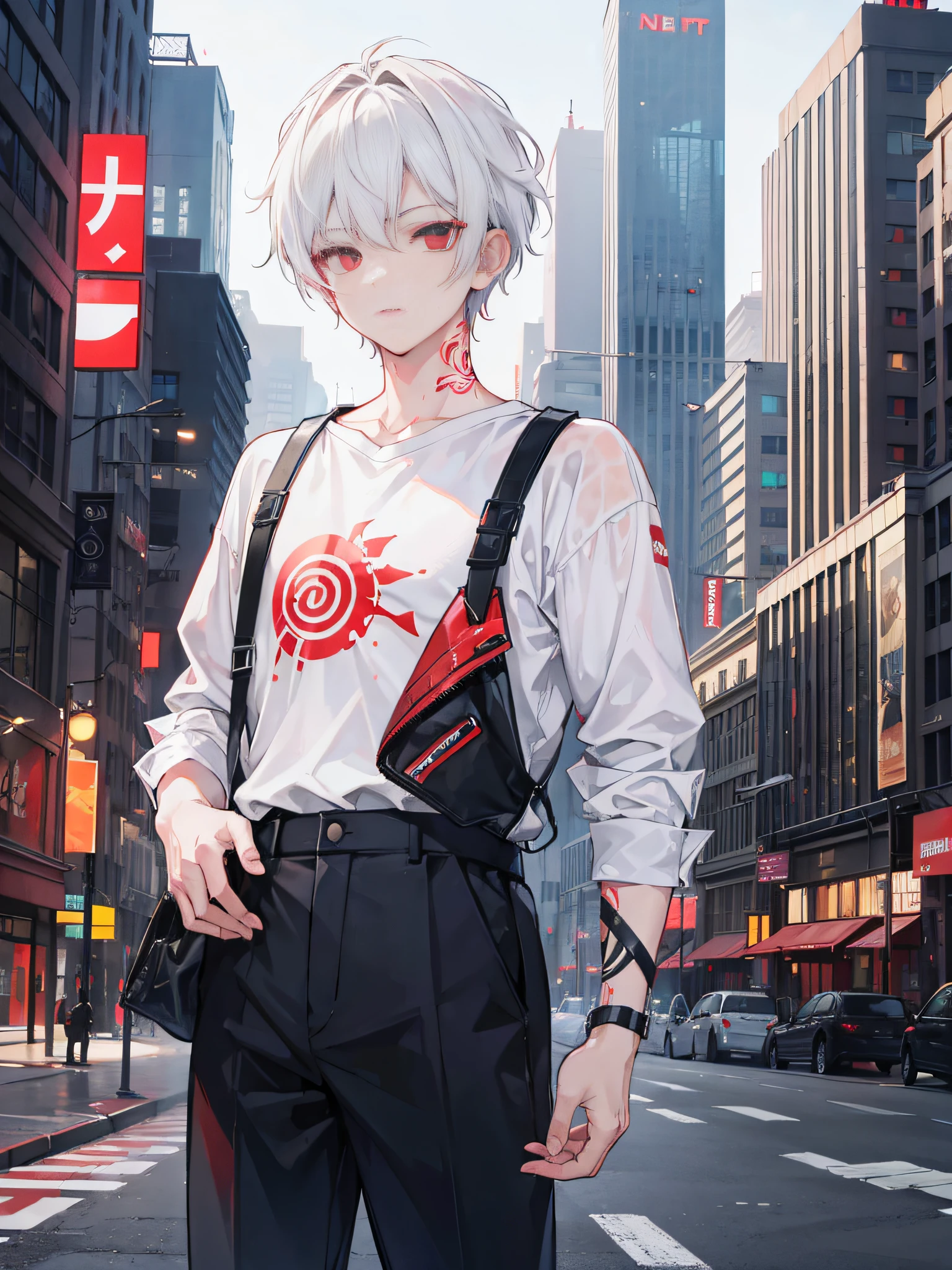 1boy, short white hair, Red eyes, wearing casual clothes, city, high res, ultrasharp,8k, masterpiece, looking at viewer, handsome, tattoo, high def hair , high def eyes