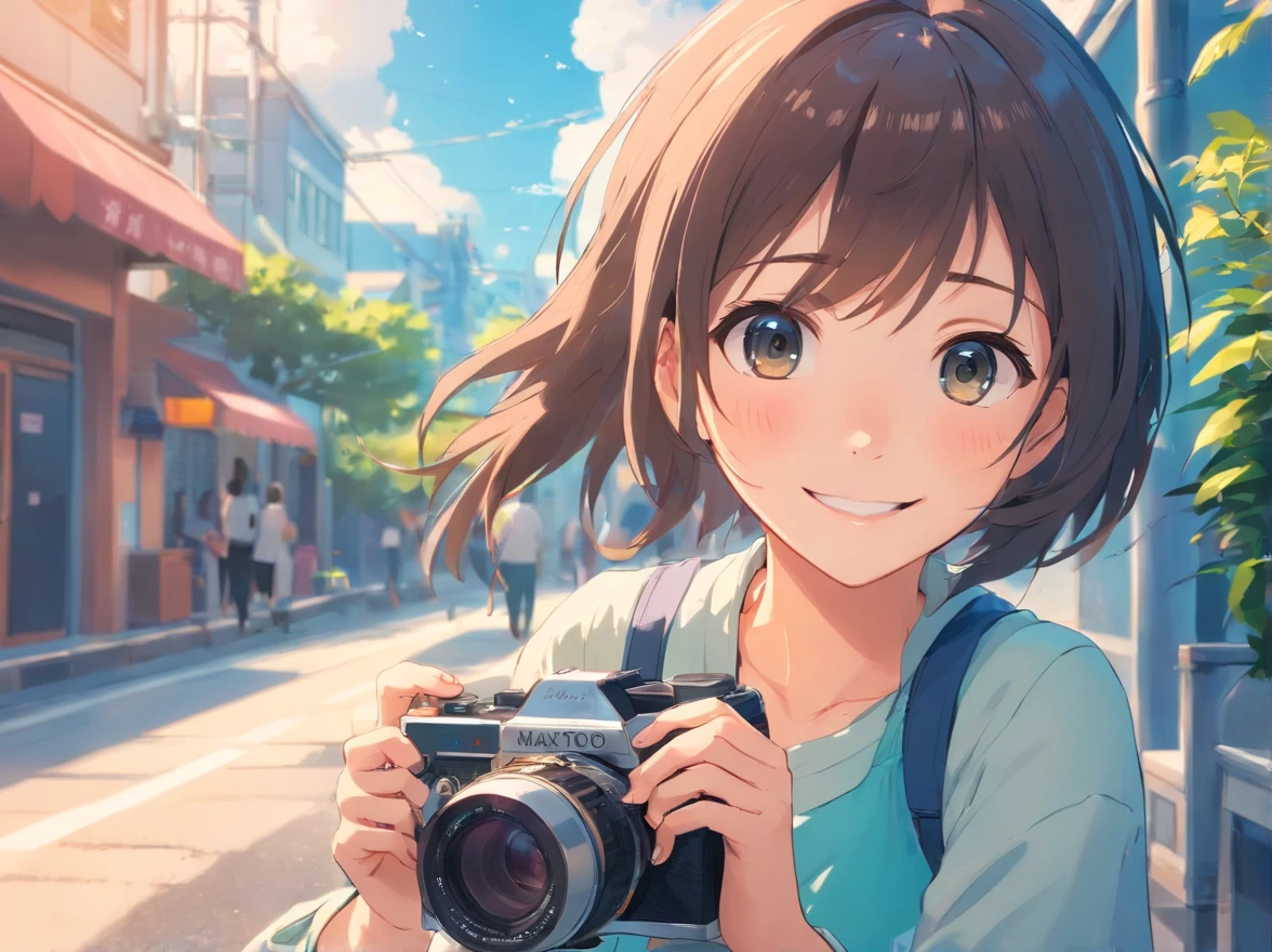 masutepiece, Best Quality, cute girl,Smiling student, SLR camera, bustup, camera
