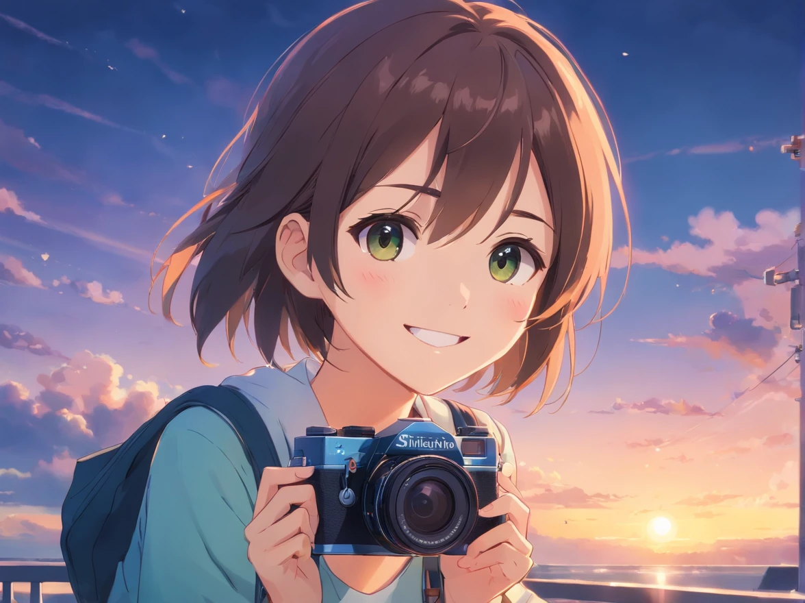 masutepiece, Best Quality, cute girl，Smiling student, SLR camera, bustup, camera