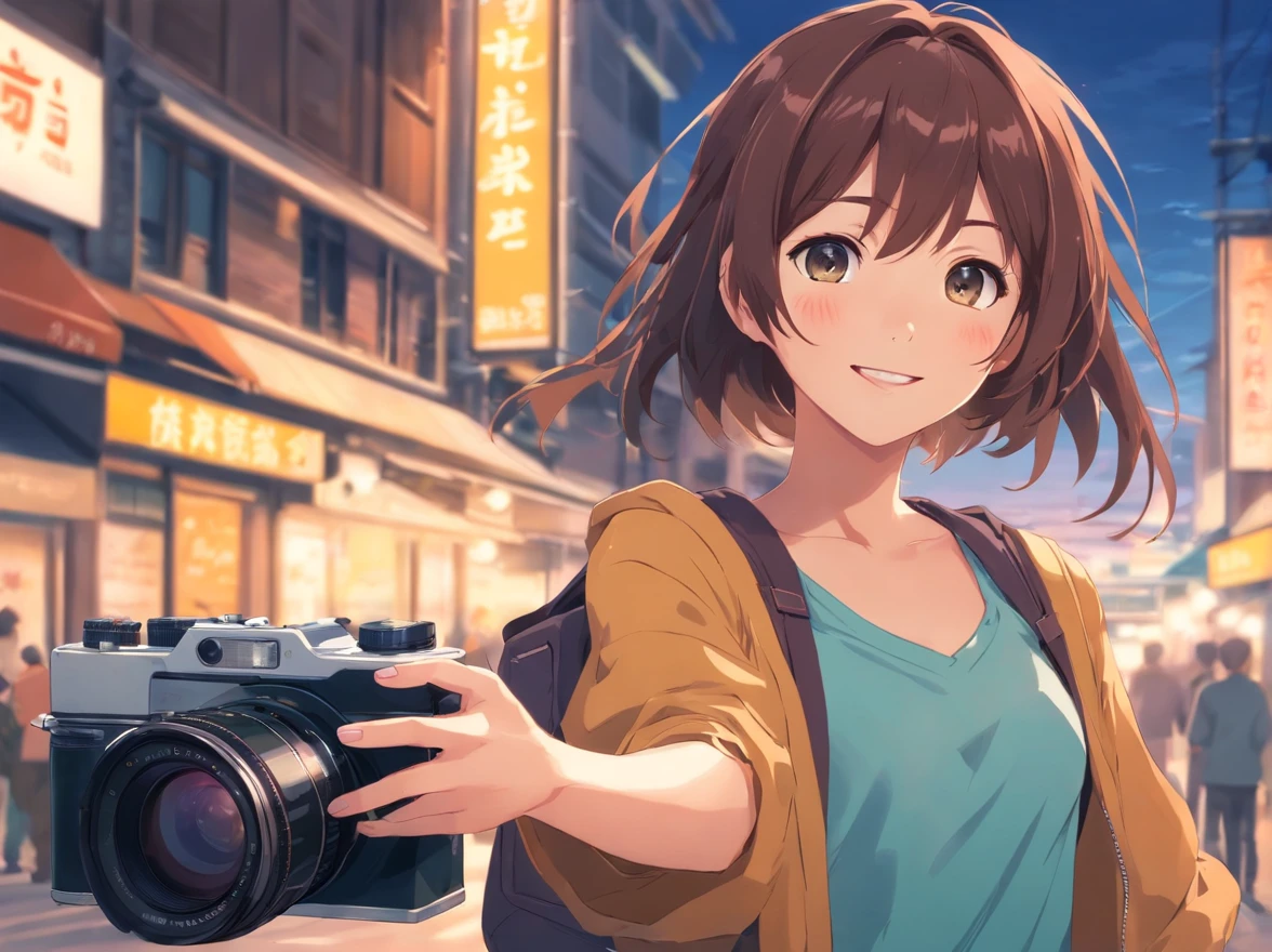 masutepiece, Best Quality, cute girl,Smiling student, SLR camera, bustup, camera