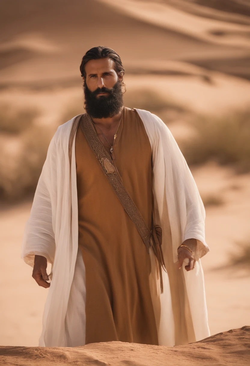 Man with long beard and white beard standing in desert area, Lead the clan, Israelenses vestidos em 36864K filmes, next to a pregnant woman, both of them with advanced age, peles claras, Ainda do filme live action, cenas de filmes live-action, 16384K Filmes, still image from tv series, cinematic Film still from, film still image, portrait of bedouin d&d, cena maravilhosa