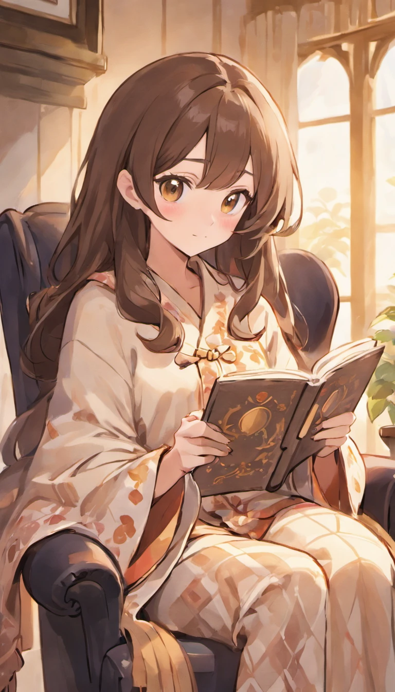 Beautiful 30 year old French woman with gorgeous face, long wavy brown hair with brown eyes and heavy eye shadow, is sitting in a comfortable armchair, wrapped in a cozy blanket. She holds a steaming cup of coffee in both hands as she looks intently at the open book on her lap. The illustration conveys a sense of serenity and peace, inviting the viewer to join her in a peaceful moment of reading and self-discovery while wearing pajamas.