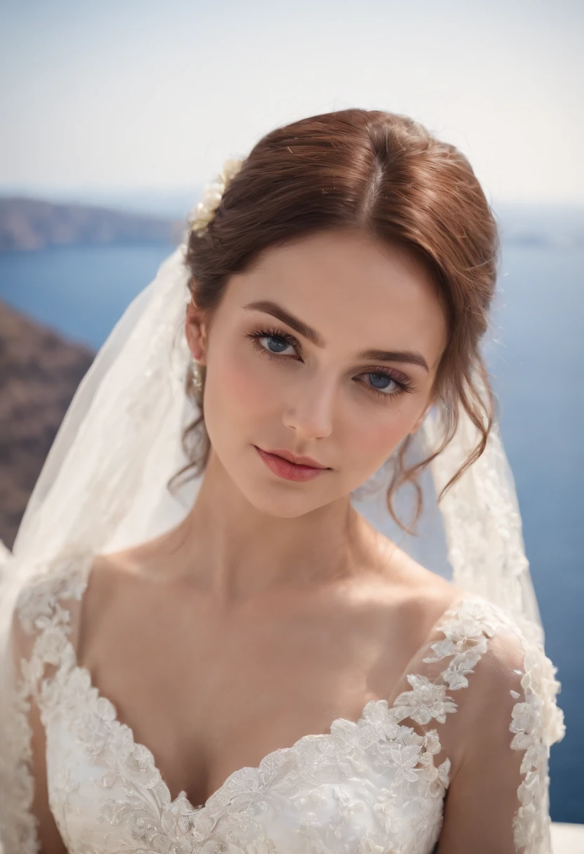 1 beautiful girl, (photorealism: 1.3) Santorini, in front of (blue sea), white wedding dress, wedding decoration, masterpiece, diffuse soft light, (portrait), best quality, (perfect face Part: 1.4), hyper-realistic high details, complex realistic simulation style photos, movie lighting, elegant poses, (close-up)