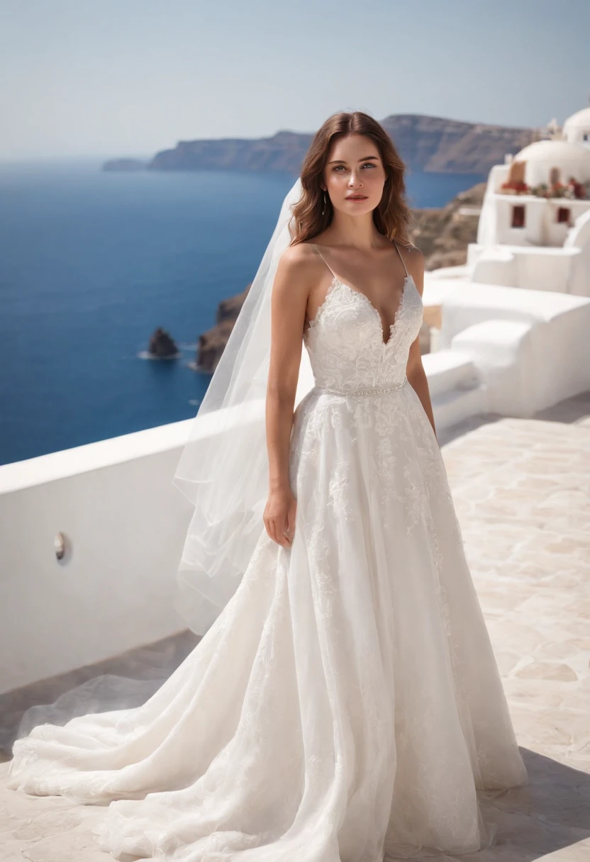 1 beautiful girl, (Reality: 1.3) Santorini, in front of (blue sea), white wedding dress, wedding decoration, masterpiece, diffuse soft light, (portrait), best quality, (perfect face Part: 1.4), hyper-realistic high details, complex realistic simulation style photos, movie lighting, elegant poses, (medium close-up)