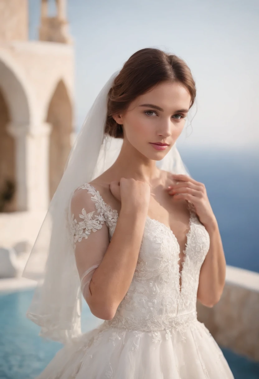 1 beautiful girl, (Reality: 1.3) Santorini, in front of (blue sea), white wedding dress, wedding decoration, masterpiece, diffuse soft light, (portrait), best quality, (perfect face Part: 1.4), hyper-realistic high details, complex realistic simulation style photos, movie lighting, elegant poses, (medium close-up)