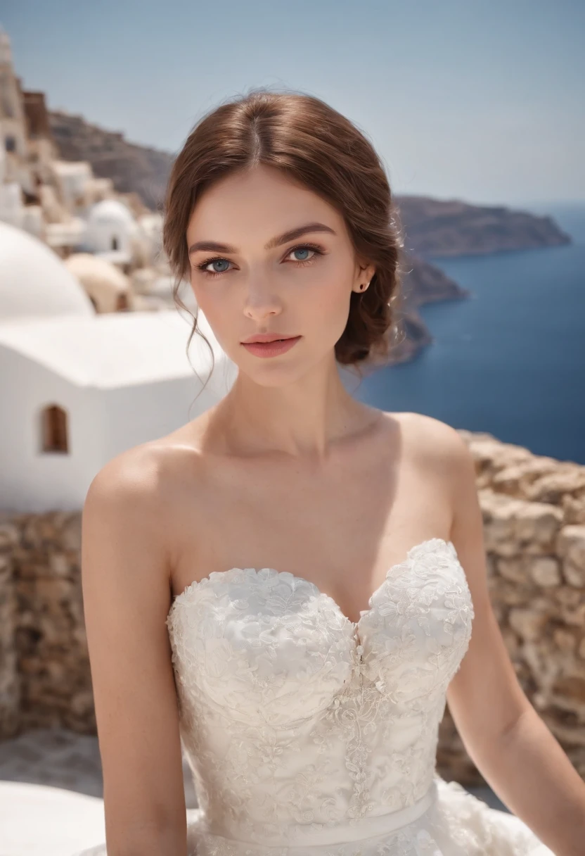 1 beautiful girl, (photorealism: 1.3) Santorini, in front of (blue sea), white wedding dress, wedding decoration, masterpiece, diffuse soft light, (portrait), best quality, (perfect face Part: 1.4), hyper-realistic high details, complex realistic simulation style photos, movie lighting, elegant poses, (close-up)