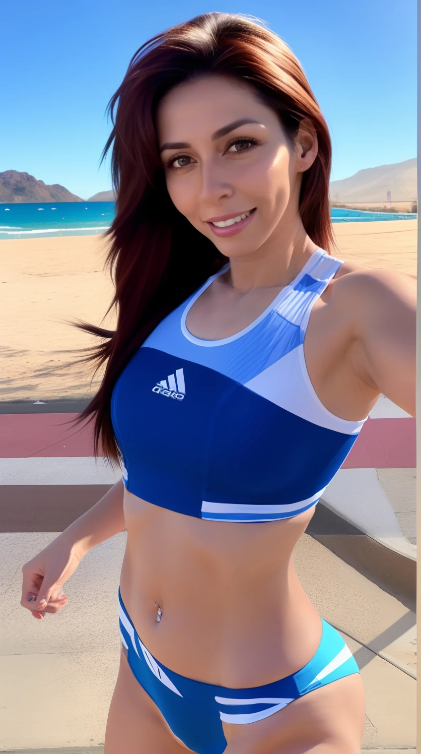 Hermosa chica haciendo ejercicios, en ropa deportiva, corriendo, 30-year-old woman from cuba, brown-hair, lorena avarez, pilar, alanis guillen, sin maquillaje, estefania villegas burgos, Malika Favre, 3 0 years old woman, 30-year-old woman, fondo de gimnasio. Gran Theta, cuerpo completo.
