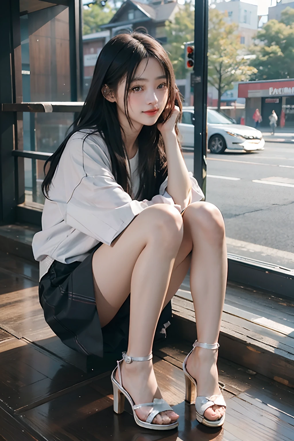 (RAW photos,best qualtiy),((Trendy,Modern miniskirt)),(Girl with revealing atmosphere:1.2),(realisticlying,photograph realistic:1.3),Extremely Delicately Beautiful,astounding,finedetail,tmasterpiece,hyper-detailing,A high resolution,Most Best Illustration,best shadow,复杂,depth of fields,(Full body close-up of young beauty:1.2),long whitr hair,messy hair,Shiny clothes,Peep-toe heels((((low tune,Dark scene,Dim light)))),(((gentlesoftlighting:1.4))),(Pale skin:1.4),(smile shy),(Movie Angle),Clear focus,volume fog,8k UHD,digital SLR camera,high qulity,(filmgrain:1.4),富士XT3,(looking at viewert),Pale skin