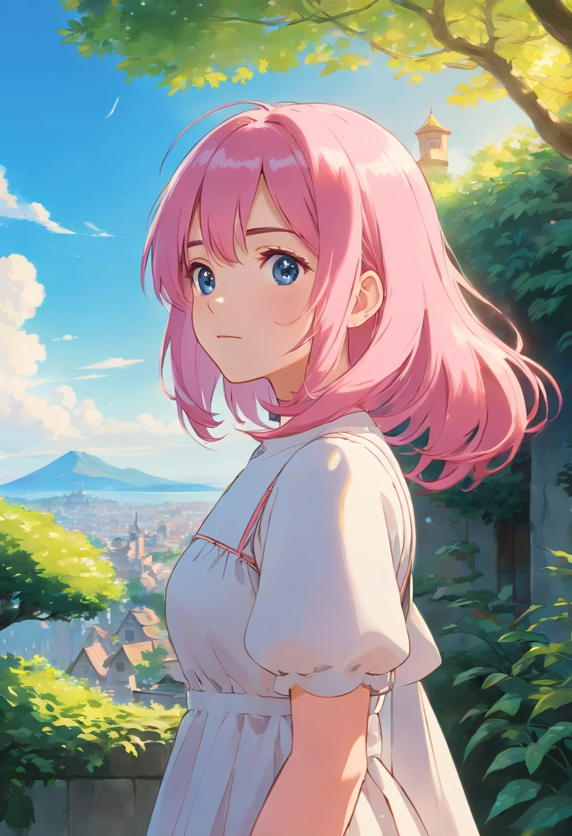 1woman with pink hair and sylk dress, straight hair, glossy hair, beautiful art uhd 4 k, outdoor, garden, beautiful character, beautiful portrait, expressive, beautiful painting,
expressive beautiful portrait, side light, blue sky