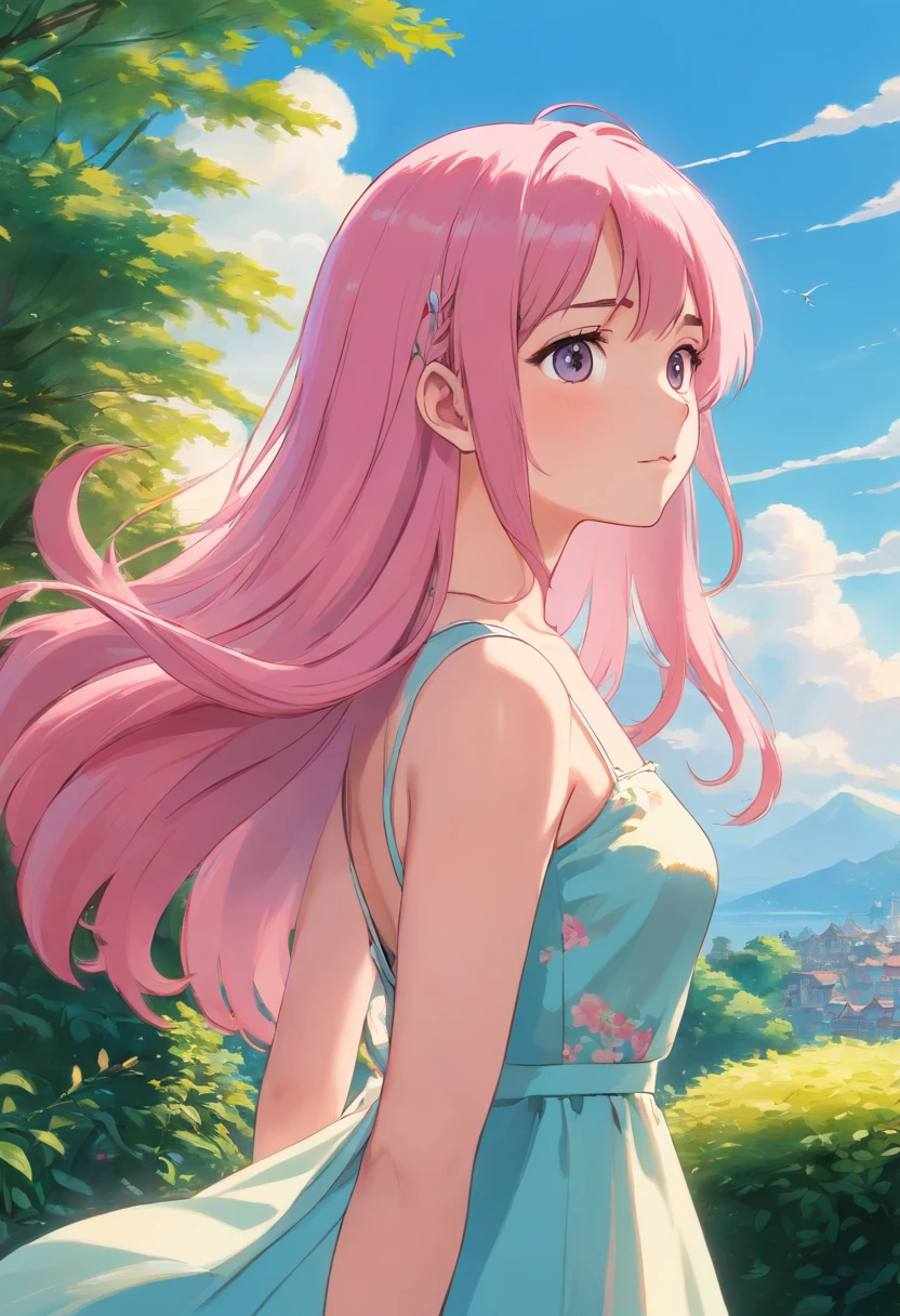 1woman with pink hair and sylk dress, straight hair, glossy hair, beautiful art uhd 4 k, outdoor, garden, beautiful character, beautiful portrait, expressive, beautiful painting, 
expressive beautiful portrait, side light, blue sky