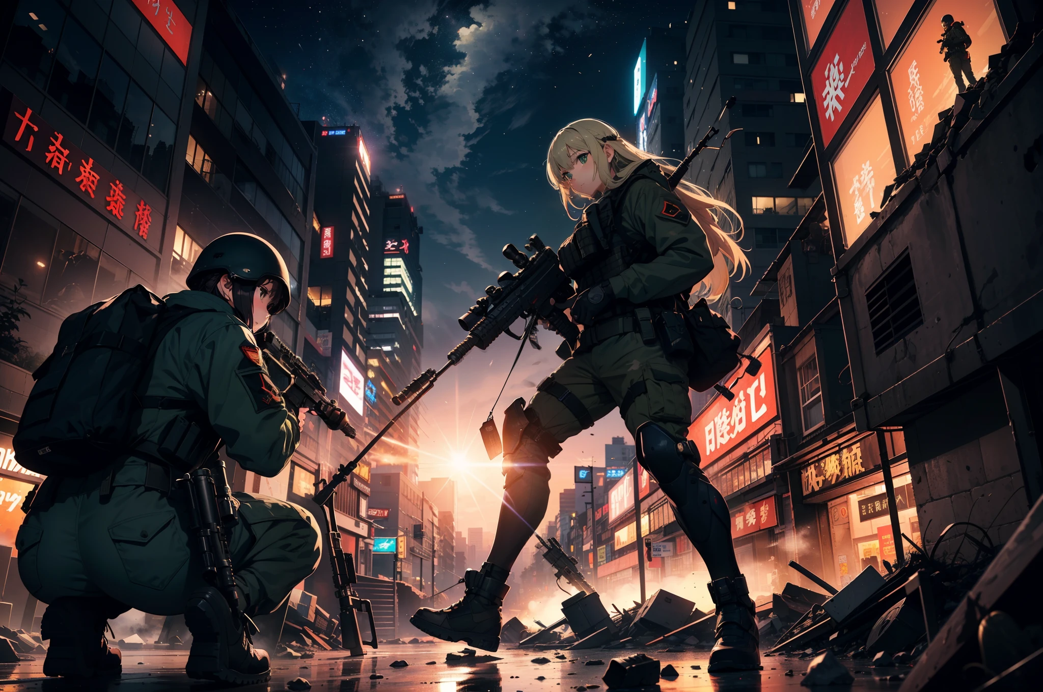 {{​masterpiece、top-quality、extremely details CG、16 K、Cinematographic lighting、lensflare}}、(One girl soldier sniping a giant military robot with a Lahti L-39 anti-tank gun)、Black combat uniform、Wide View、thick body、 Photorealsitic:1.4、long Brond Hair、green colored eyes、Have multiple weapons、Precision 1.Aim 4、Lahti L-39 anti-tank gun、direct light、Photographing rubble with a depth of field of 35 mm、F/1.Night footage with 8 lens flares、((Shinjuku at night where five special forces SWAT fight))、(Sniping with anti-tank rifles)、From Side、nffsw、Hyper Detailed、The wreckage of a giant robot、(wide-angle lens)、What I see、Detailed face drawing