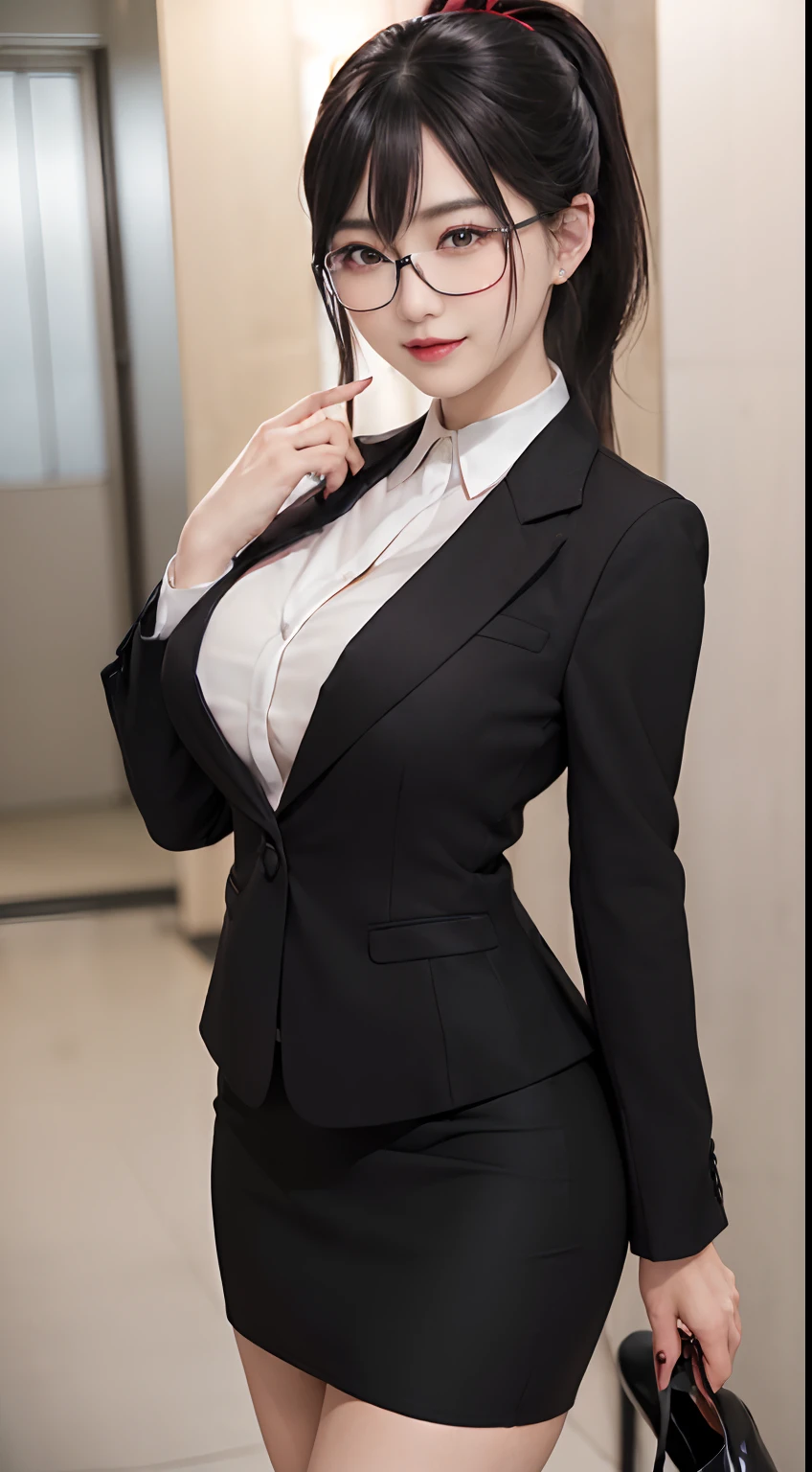 (((Young office woman wearing silver glasses、Recruit Style Women、Woman wearing black jacket and black tight skirt)))、((top-quality:1.4、8K、32K、nffsw:1.3))、(unparalleled masterpiece ever)、(Photorealsitic:1.4)、Real 1.2、((Raw photography、真实感:1.6))、1girl in、Women in Japan、perfectly proportions、(((Recruit Style、Wearing a black business suit、white  shirt、a black skirt)))、Woman smiling at camera、dynamicposes、dynamic ungle、Elegant long tight skirt、(Largest big breasts:1.8、Colossal tits:1.8、slender abdomen、Lower body slender)、ulzzang -6500-v1.1、Woman in her 20s、hyperdetailed face、A detailed eye、with round face、Detailed iris、二重まぶた、(cabelos preto e longos、poneyTail)、Red Rouge、high-heels、photon maping、detailed skin textures、