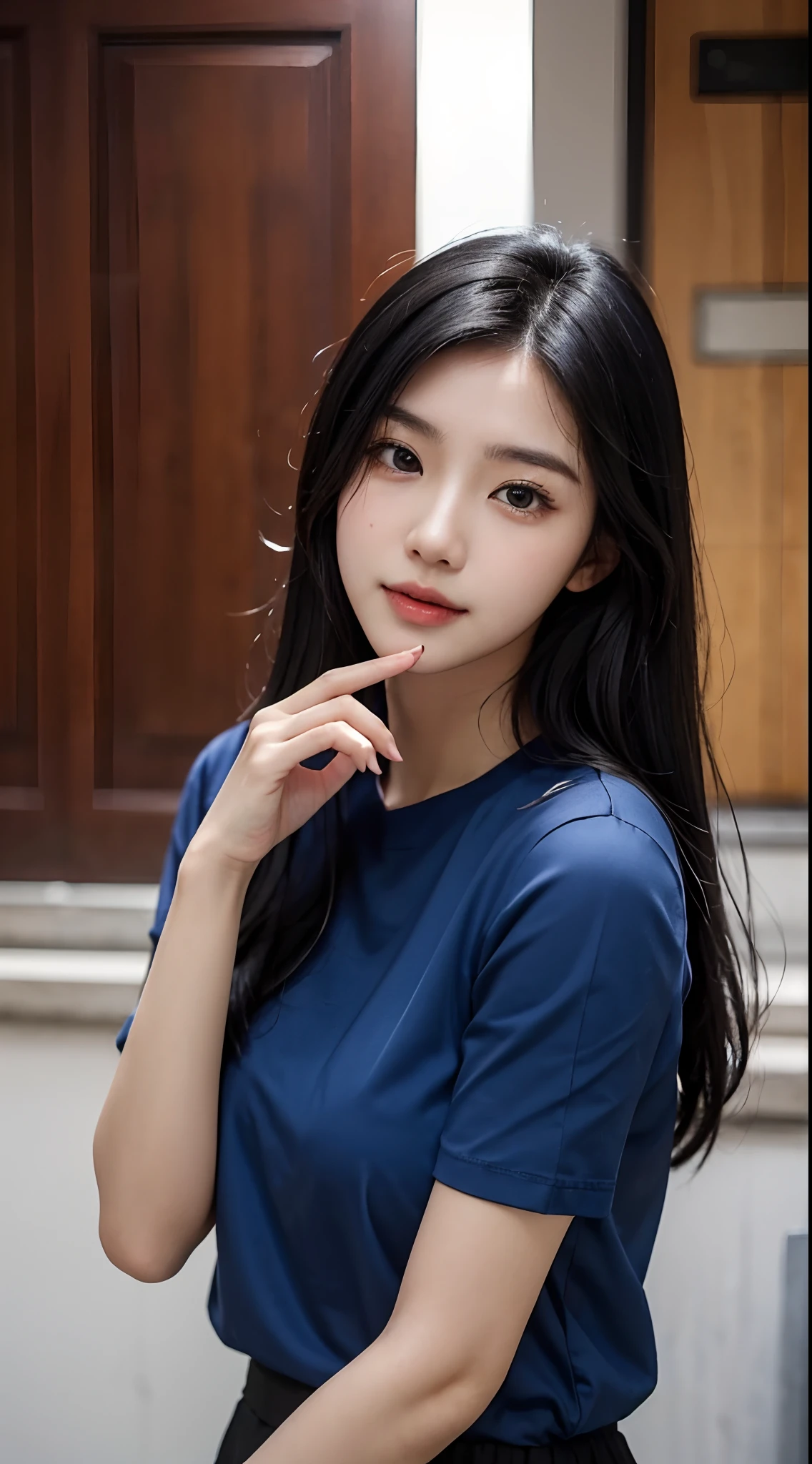 arafed asian woman with long black hair and a blue shirt, korean girl, wan adorable korean face, ruan cute vtuber, jaeyeon nam, young cute wan asian face, 1 , heonhwa choe, young adorable korean face, ulzzang, xintong chen, 18 years old, 2 0 years old