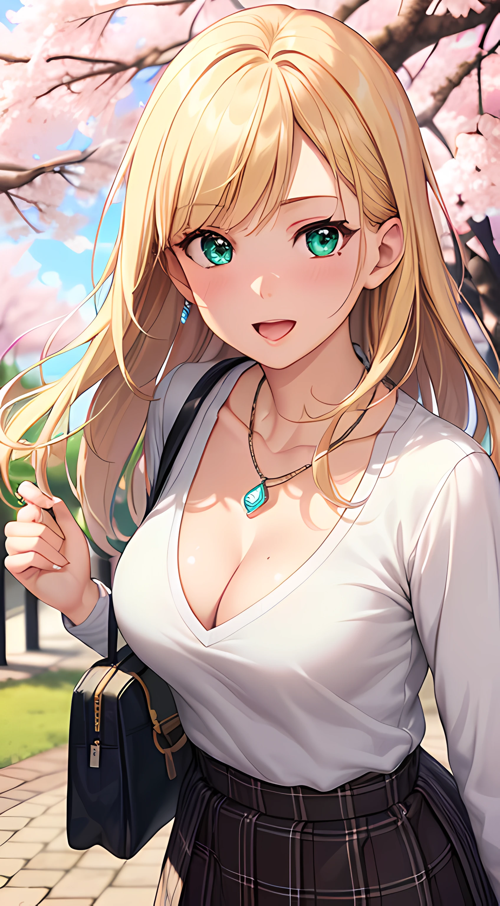 ((masterpiece, best quality, highres, UHD, perfect pixel, depth of field, 4k, RTX, HDR))), 1girl, single, solo, beautiful anime girl, beautiful artstyle, anime character, ((long hair, bangs, blonde hair)), ((green eyes:1.4, rounded eyes, beautiful eyelashes, realistic eyes)), ((detailed face, blushing:1.2)), ((smooth texture:0.75, realistic texture:0.65, photorealistic:1.1, anime CG style)), ((medium breasts, cleavage:0.9, busty)), dynamic angle, perfect body, ((POV, dynamic pose, portrait)), ((white sweater, long sleeve, black skirt, plaid skirt, fashionable, single handbag, 1diamond necklace)), smile, open mouth, amusement park, ((cherry blossom tree, cherry blossoms fall))