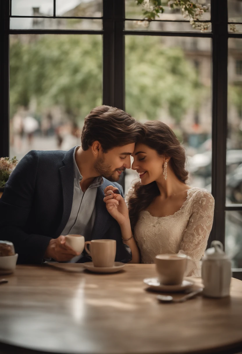 Describe an emotional scene in which a couple in love share a coffee and cake in a charming coffee shop surrounded by large glass windows. A vista da cafeteria revela uma rua adornada com cerejeiras em plena primavera, whose flowers bloom in an explosion of soft and delicate colors. The ambient light inside the cafeteria is so soft and cozy that it seems to envelop the couple in a warm embrace. Detail the expressions of love and happiness on the couple's faces as they enjoy each other's company and appreciate the beauty of the scene that surrounds them."