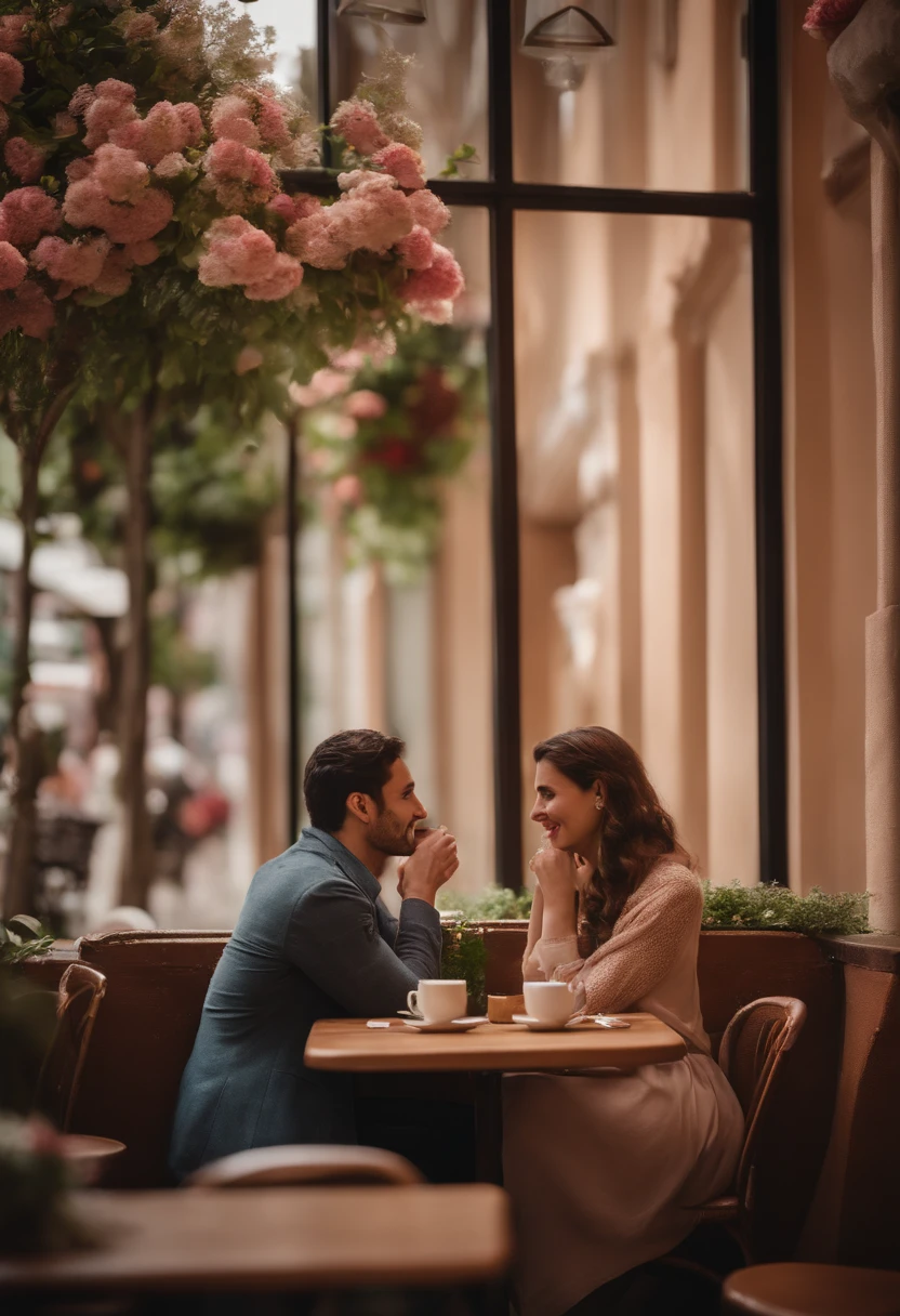 Describe an emotional scene in which a couple in love share a coffee and cake in a charming coffee shop surrounded by large glass windows. A vista da cafeteria revela uma rua adornada com cerejeiras em plena primavera, whose flowers bloom in an explosion of soft and delicate colors. The ambient light inside the cafeteria is so soft and cozy that it seems to envelop the couple in a warm embrace. Detail the expressions of love and happiness on the couple's faces as they enjoy each other's company and appreciate the beauty of the scene that surrounds them."
