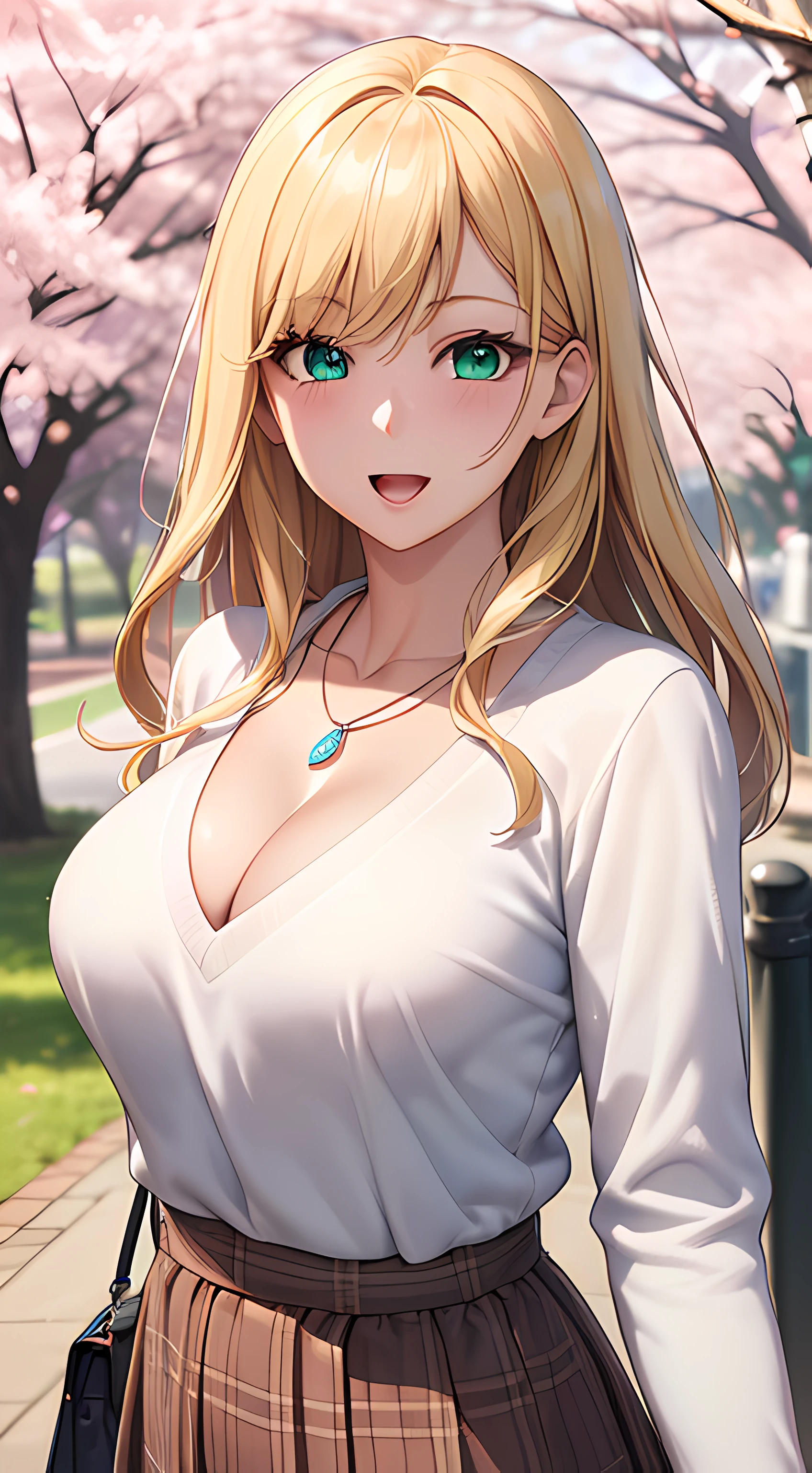 ((masterpiece, best quality, highres, UHD, perfect pixel, depth of field, 4k, RTX, HDR))), 1girl, single, solo, beautiful anime girl, beautiful artstyle, anime character, ((long hair, bangs, blonde hair)), ((green eyes:1.4, rounded eyes, beautiful eyelashes, realistic eyes)), ((detailed face, blushing:1.2)), ((smooth texture:0.75, realistic texture:0.65, photorealistic:1.1, anime CG style)), ((medium breasts, cleavage:0.9, busty)), dynamic angle, perfect body, ((POV, dynamic pose, portrait)), ((white sweater, long sleeve, black skirt, plaid skirt, fashionable, single handbag, 1diamond necklace)), smile, open mouth, amusement park, ((cherry blossom tree, cherry blossoms fall))