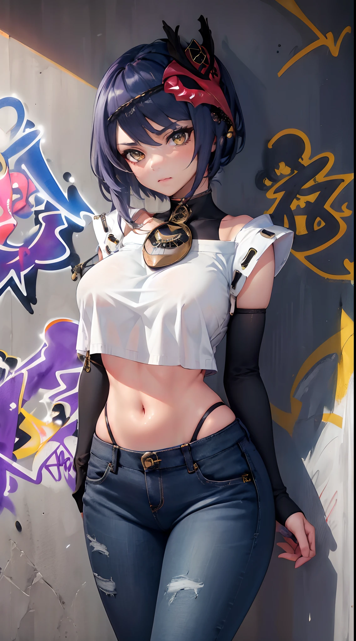Kujou Sara Genshin Effect, masterpiece, bestquality, 1girls, oversized breasts, bara, crop top, Long Jeans, choker, (Graffiti:1.5), Splash with purple lightning pattern., arm behind back, against wall, View viewers from the front., Thigh strap, Head tilt, bored, Ponytail, water eyes,