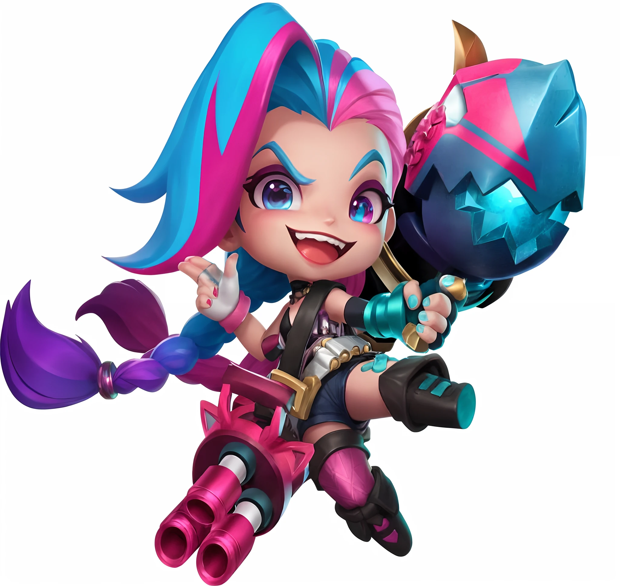 Close-up of a cartoon character with pink and blue hair, Arcane Jinx, portrait of jinx from arcane, jinx from league of legends, jinx from arcane, jinx face, jinx expression, style league of legends, vi from arcane, League of Legends character, style of league of legends, samira from league of legends, Official Splash Art