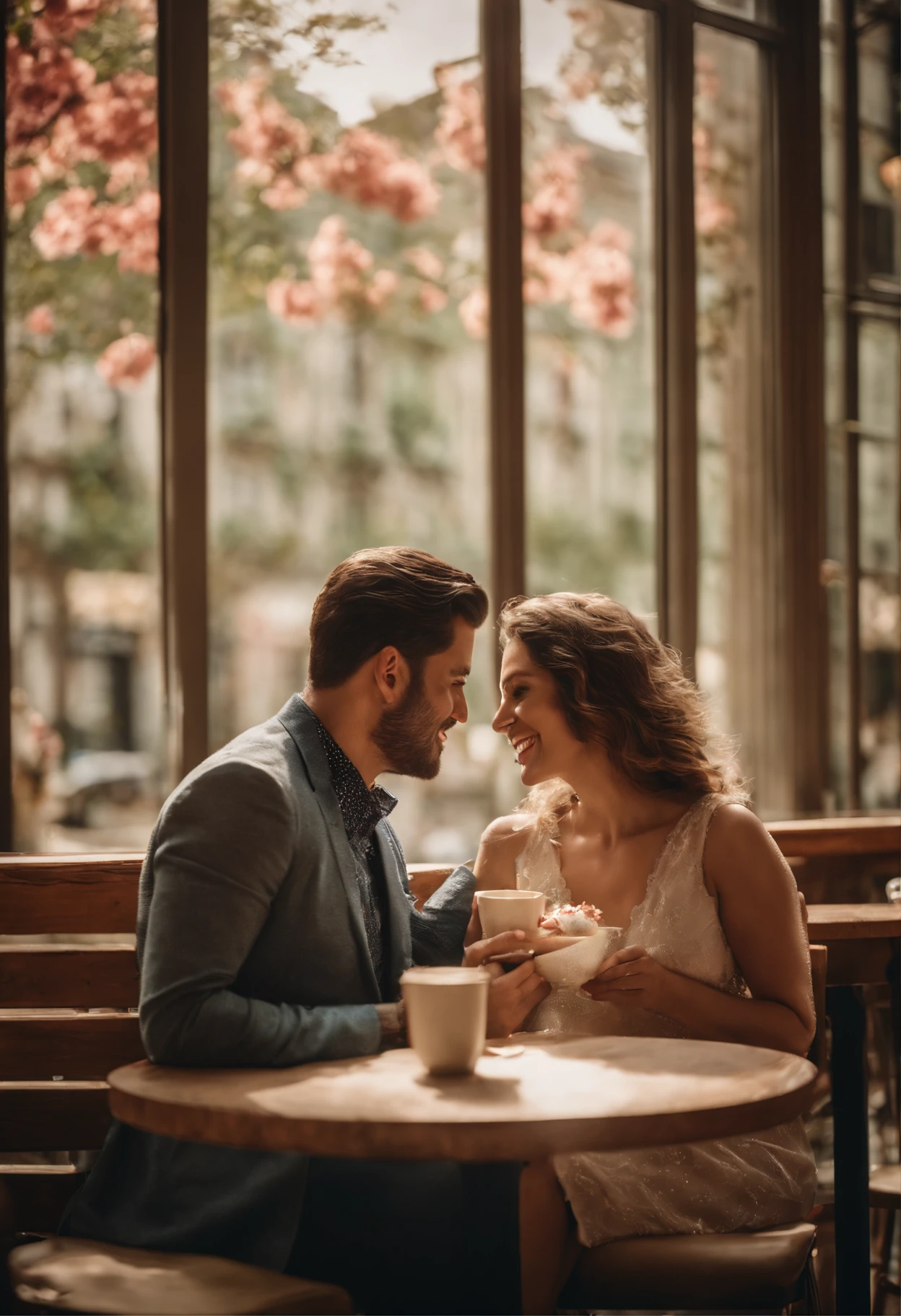 Describe an emotional scene in which a couple in love share a coffee and cake in a charming coffee shop surrounded by large glass windows. A vista da cafeteria revela uma rua adornada com cerejeiras em plena primavera, whose flowers bloom in an explosion of soft and delicate colors. The ambient light inside the cafeteria is so soft and cozy that it seems to envelop the couple in a warm embrace. Detail the expressions of love and happiness on the couple's faces as they enjoy each other's company and appreciate the beauty of the scene that surrounds them."