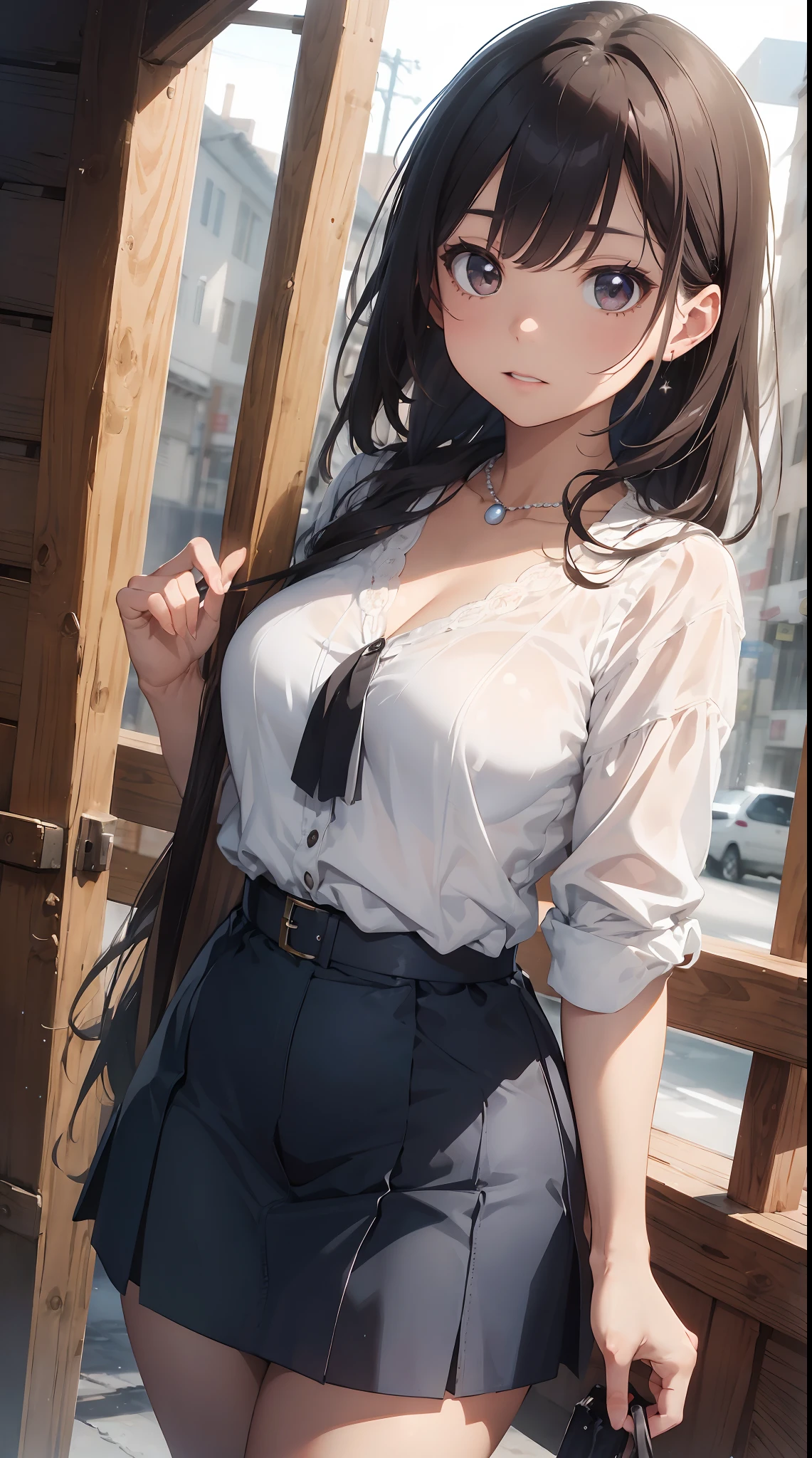 Masterpiece, photorealistic stick, top quality, supremely detailed, cowboy shot, exaggerating differences in material and texture of materials, meticulously animated style, beautiful woman with dark hair and brown eyes. Age is 40 years old. White blouse and navy blue skirt. She wears a pearl necklace around her neck.