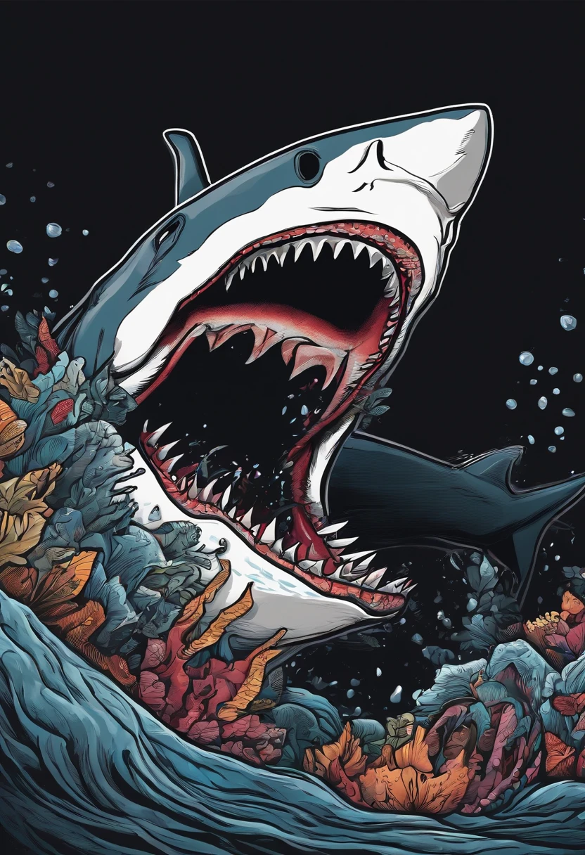/imagine prompt: Shark illustration with black background sticker, Bold outline style, Jagged edges, Trash core, Light Shadow --V 5.2