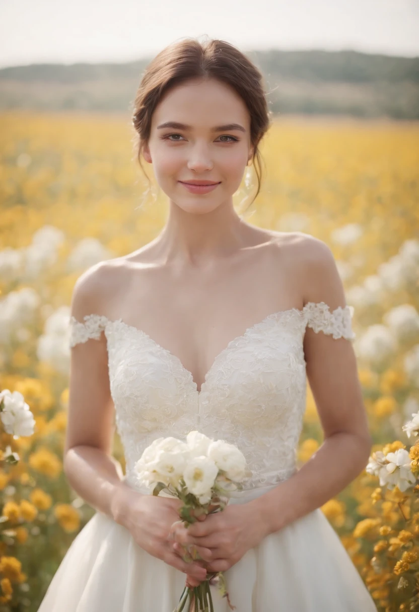 1girl in white wedding dress, Bare shoulders, blooming flower field, light smile, wollensak 127mm f/4.7 ektar