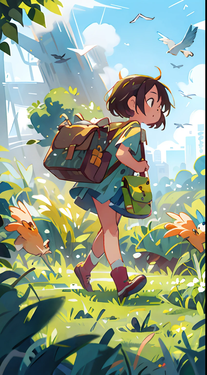 grassy fields，A girl carries a travel bag，park，bird, blue sky