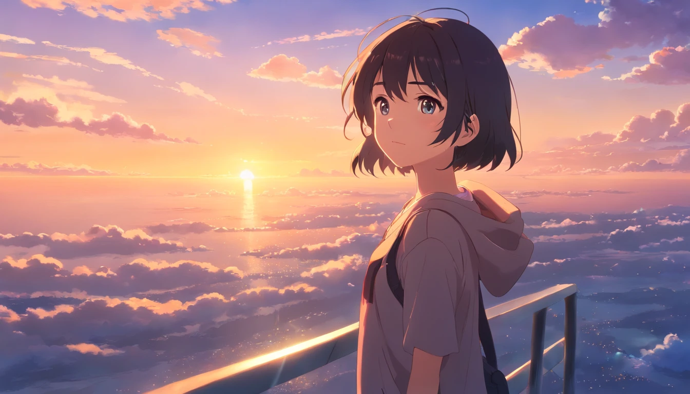 Masterpiece, Best quality, cinematic Film still from, 1girll, Cloud Girl, Black cap,Earphone,Floating in the sky, Close-up, Bright, cheerfulness, Warm and soft lighting, Sunset, (spark of light:0.7)