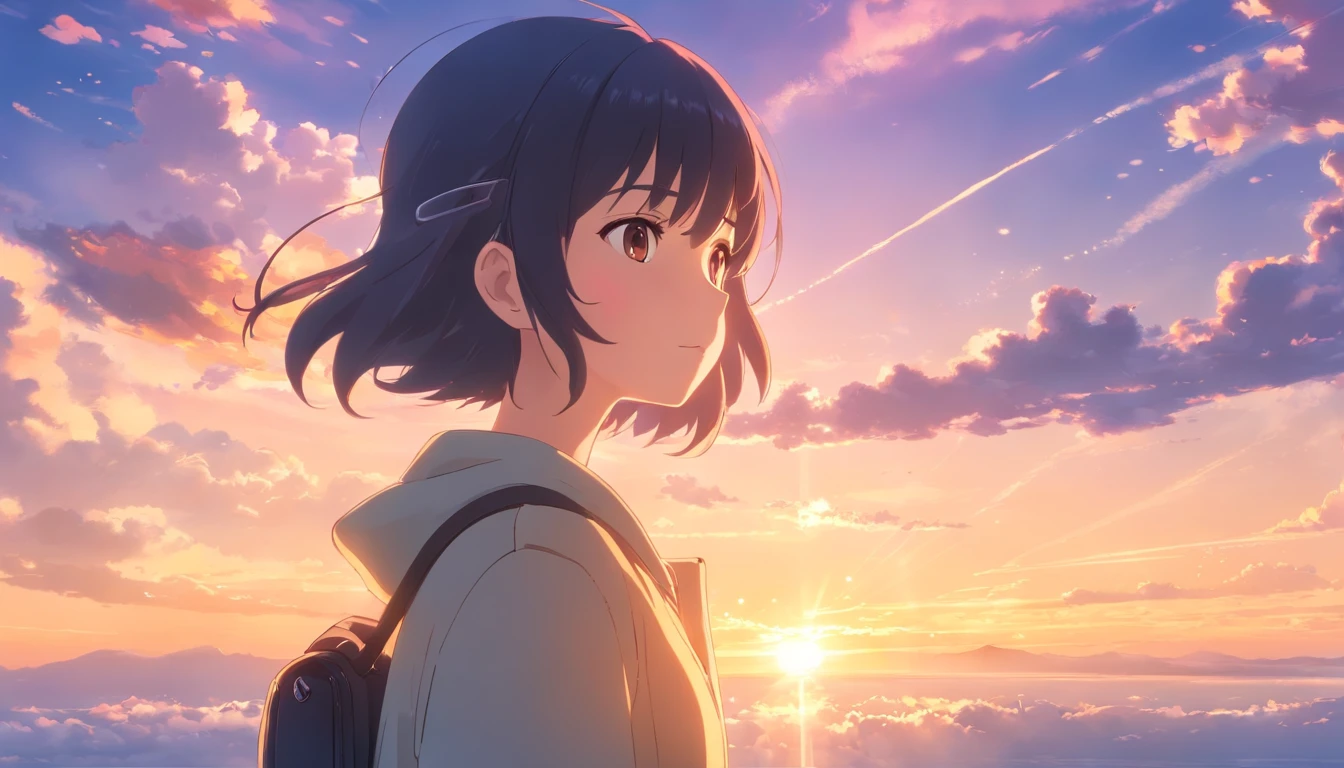 Masterpiece, Best quality, cinematic Film still from, 1girll, Cloud Girl, Black cap,Earphone,Floating in the sky, Close-up, Bright, cheerfulness, Warm and soft lighting, Sunset, (spark of light:0.7)
