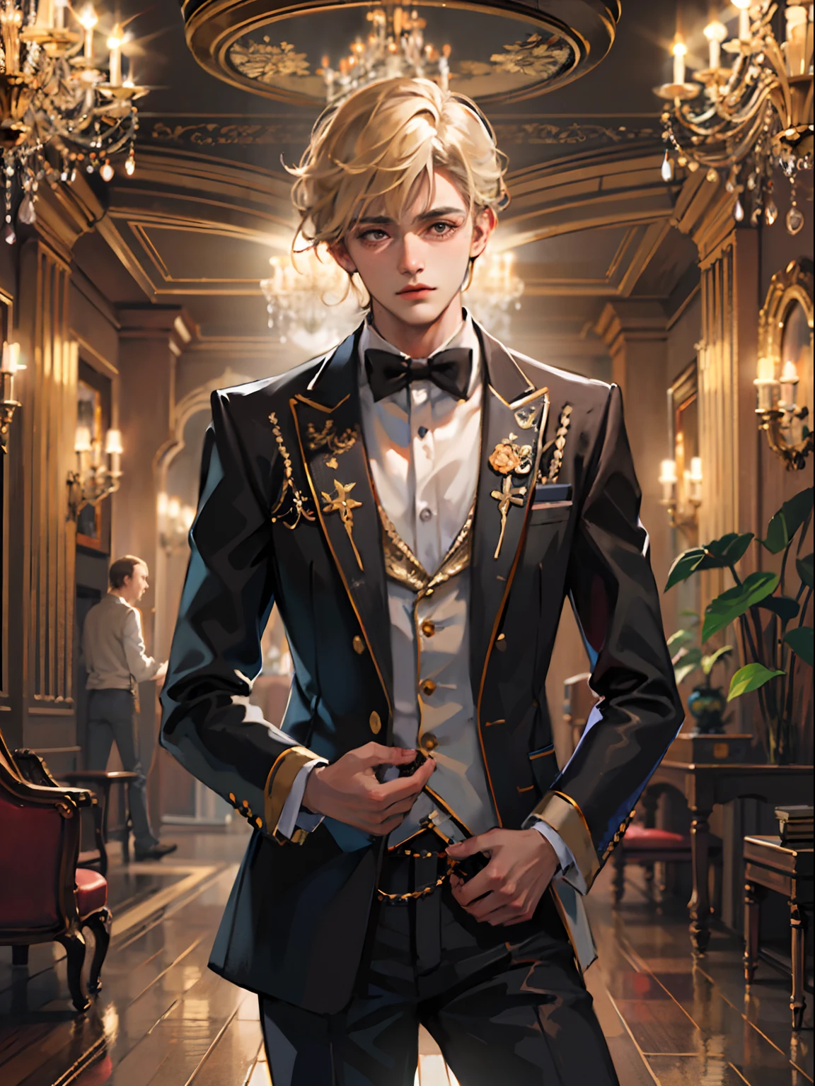 1boy,11 only、(Man's :2),(bobhair:1.5)、a blond、Naked tuxedo、Inside a luxurious Western-style building、Luxurious chandeliers、Vibrant lighting、hightquality、masutepiece,8K,hight resolution、