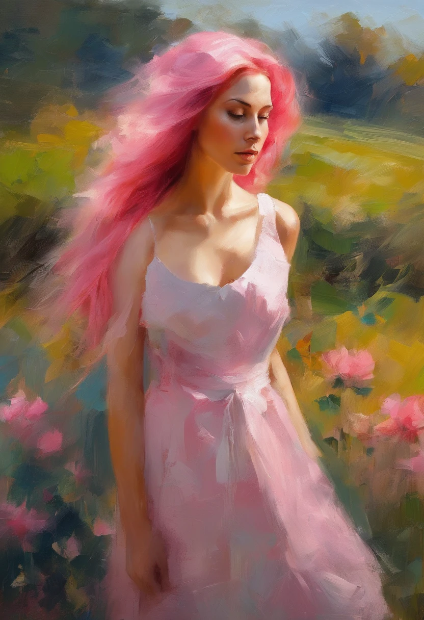 1woman with pink hair and sylk dress, straight hair, glossy hair, beautiful art uhd 4 k, outdoor, garden, beautiful character, beautiful portrait, expressive, beautiful painting, 
expressive beautiful portrait, side light, blue sky