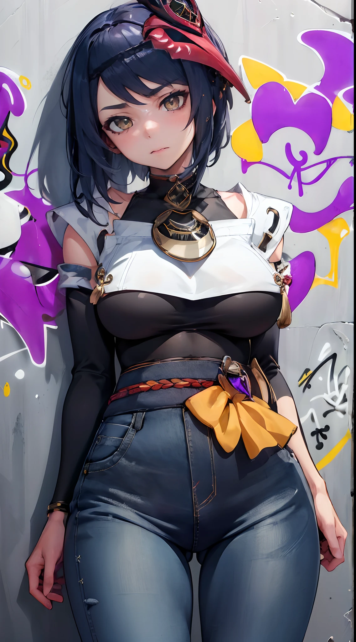 Kujou Sara Genshin Effect, masterpiece, bestquality, 1girls, oversized breasts, bara, Long Jeans, choker, (Graffiti:1.5), Splash with purple lightning pattern., arm behind back, against wall, View viewers from the front., Thigh strap, Head tilt, bored, Ponytail, water eyes,